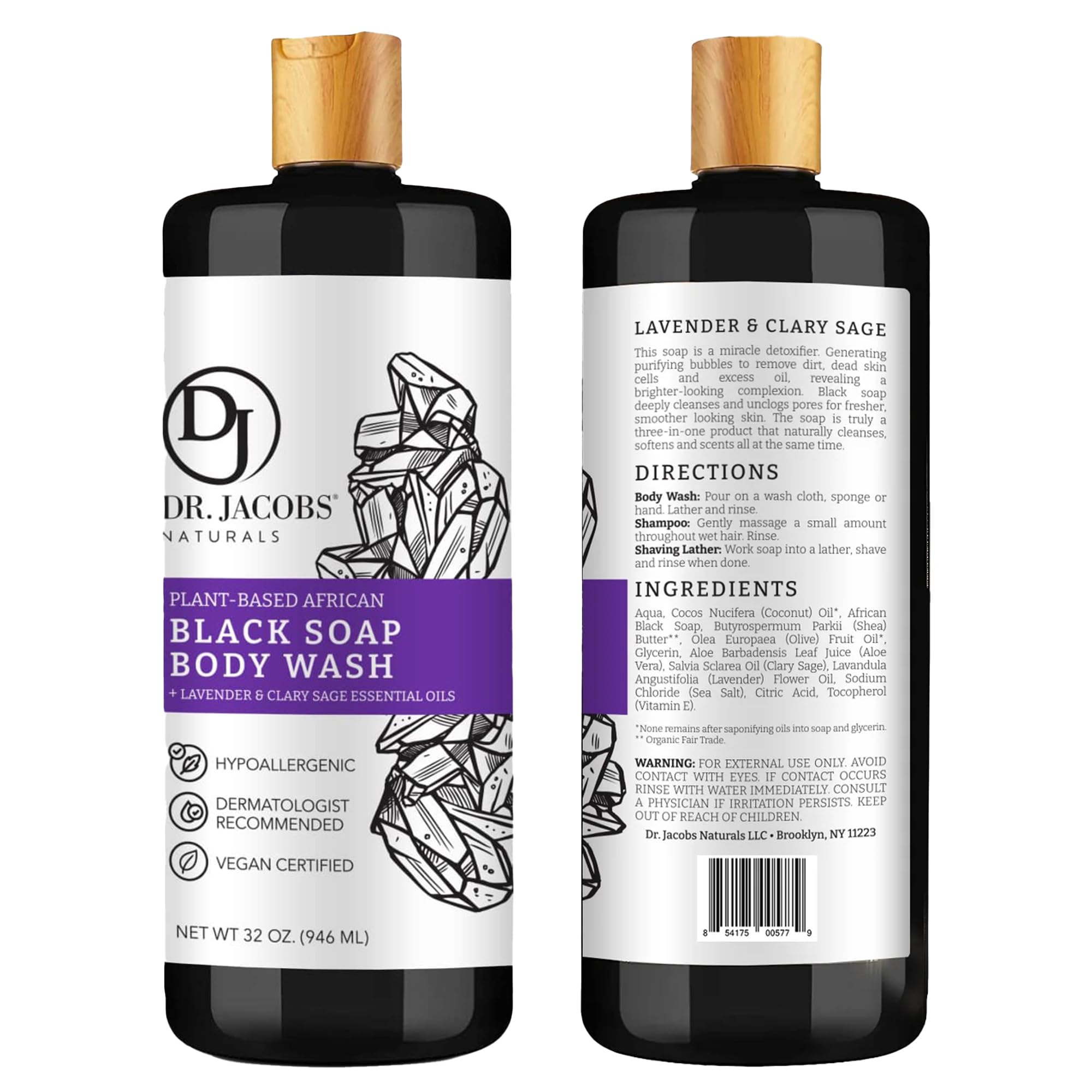 DR.JACOBS NATURALS African Black Soap – Lavender & Sage All-In-One Face, Body, Shampoo & Shaving Soap (32oz x2)