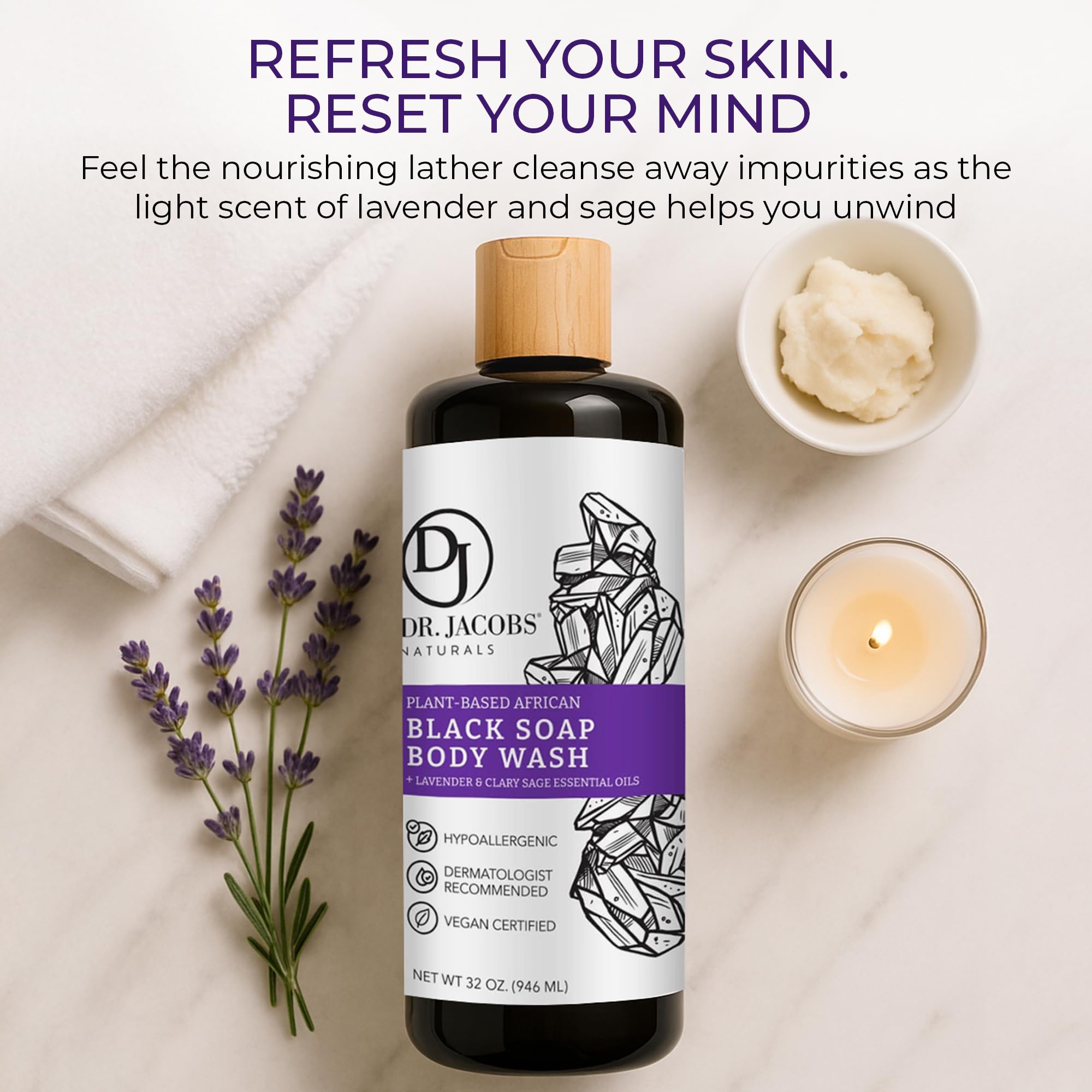 DR.JACOBS NATURALS African Black Soap – Lavender & Sage All-In-One Face, Body, Shampoo & Shaving Soap (32oz x2)