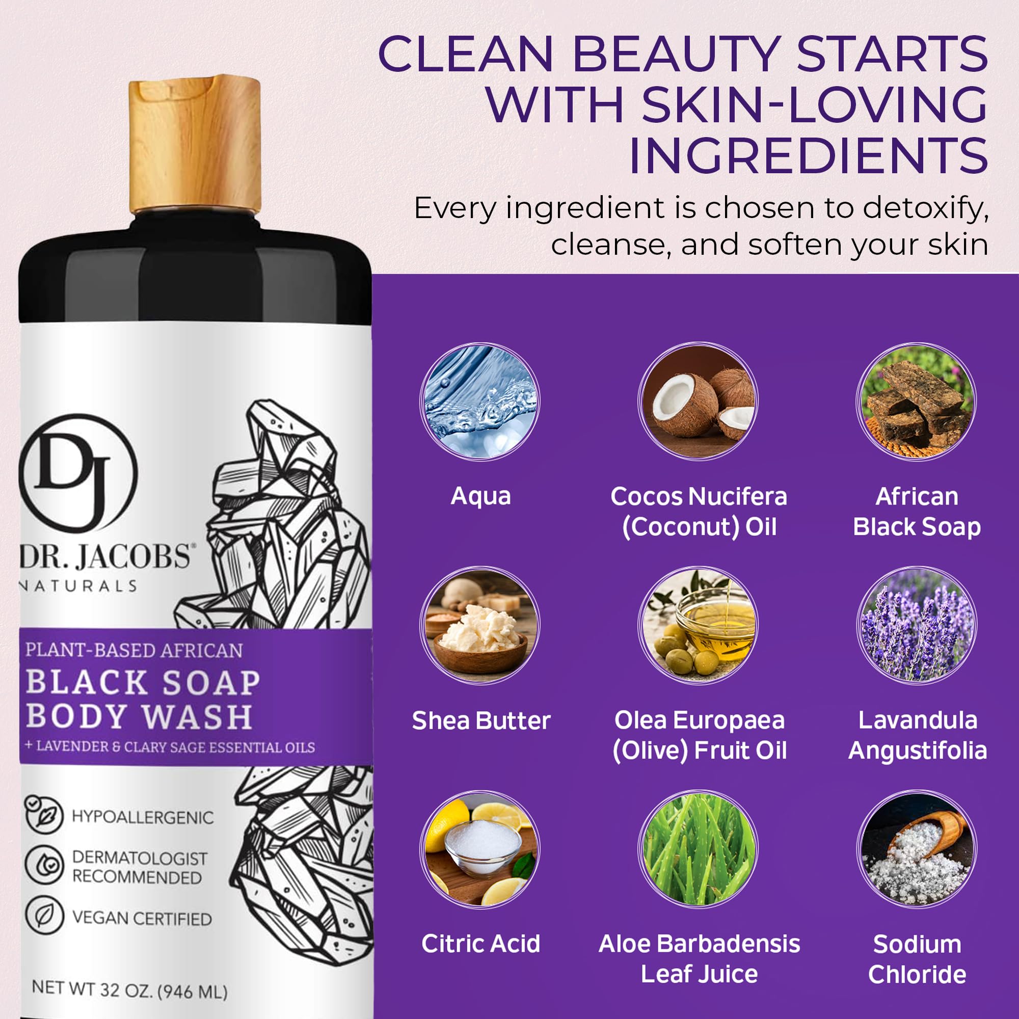 DR.JACOBS NATURALS African Black Soap – Lavender & Sage All-In-One Face, Body, Shampoo & Shaving Soap (32oz x2)