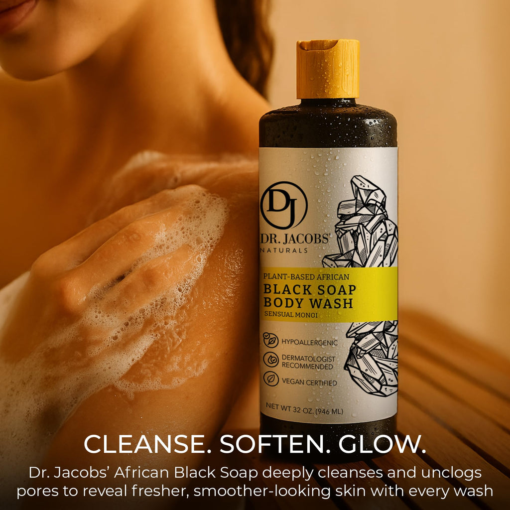 DR.JACOBS NATURALS African Black Liquid Soap with Monoi Scent – All-In-One Cleanser, 16oz
