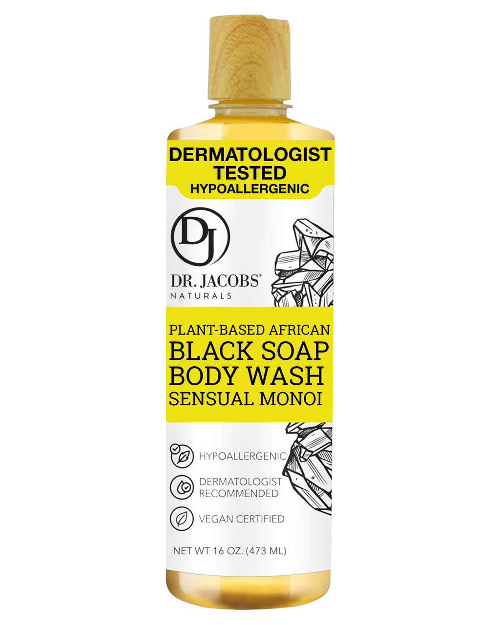 DR.JACOBS NATURALS African Black Liquid Soap with Monoi Scent – All-In-One Cleanser, 16oz
