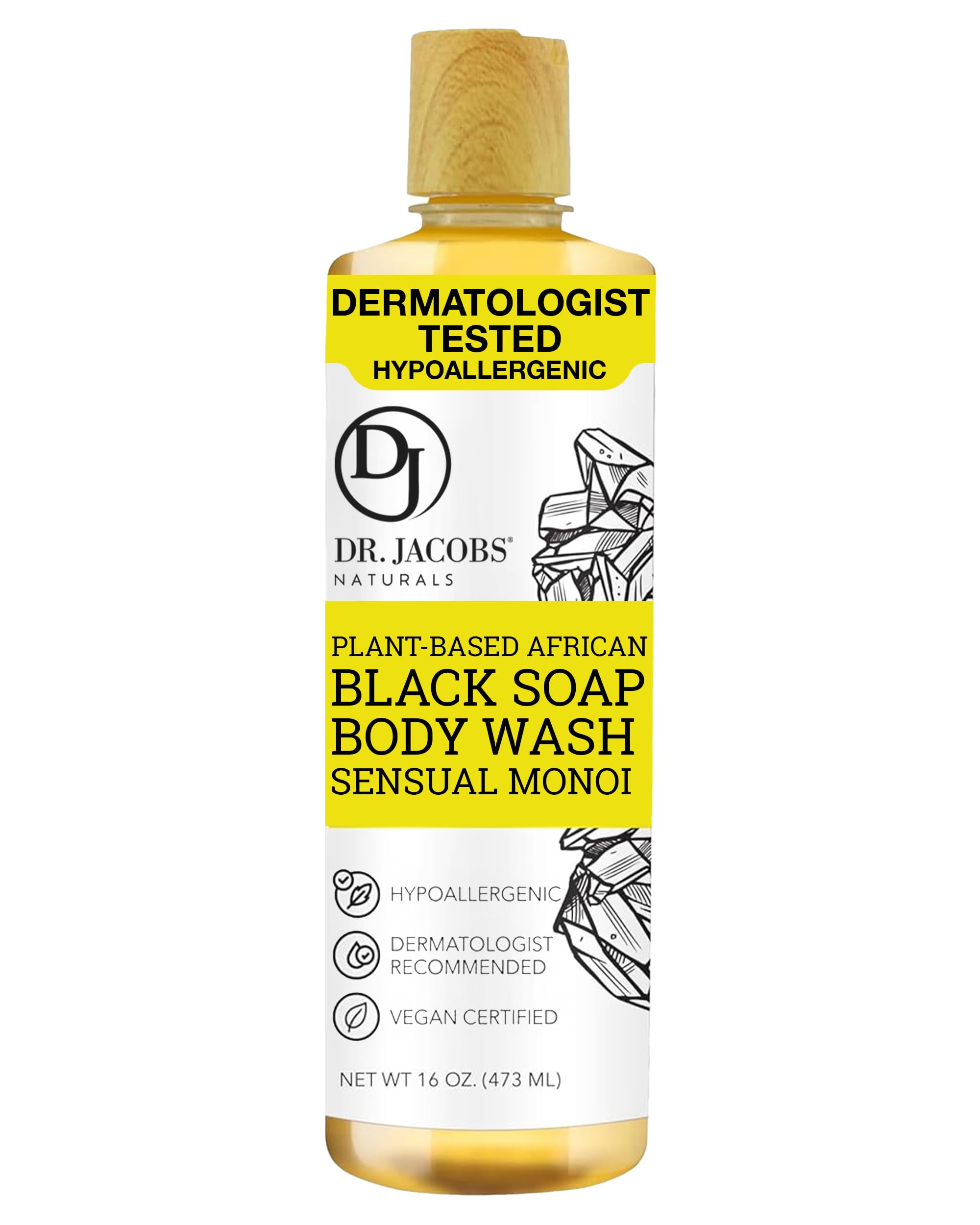 DR.JACOBS NATURALS African Black Liquid Soap with Monoi Scent – All-In-One Cleanser, 16oz