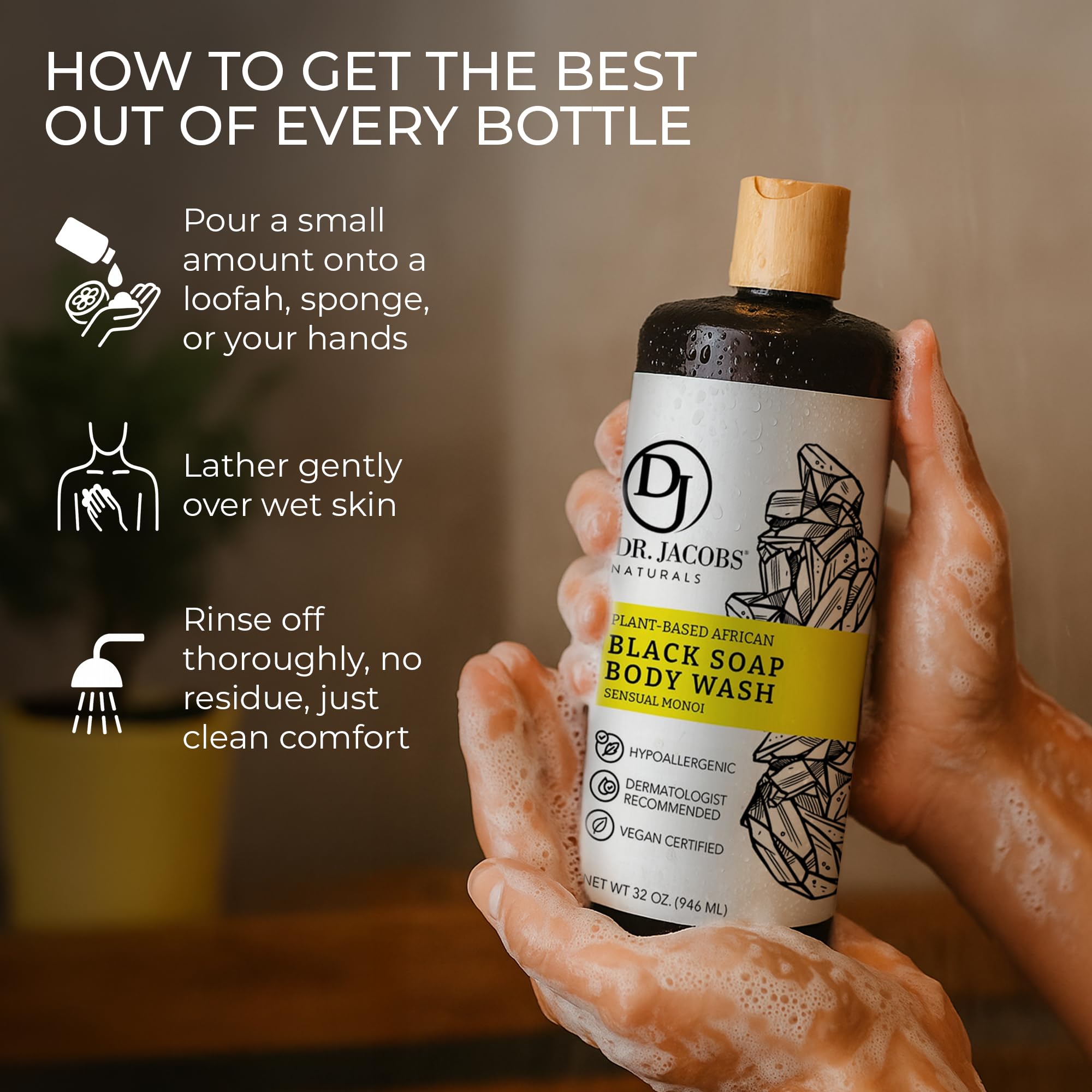 DR.JACOBS NATURALS African Black Liquid Soap with Monoi Scent – All-In-One Cleanser, 16oz