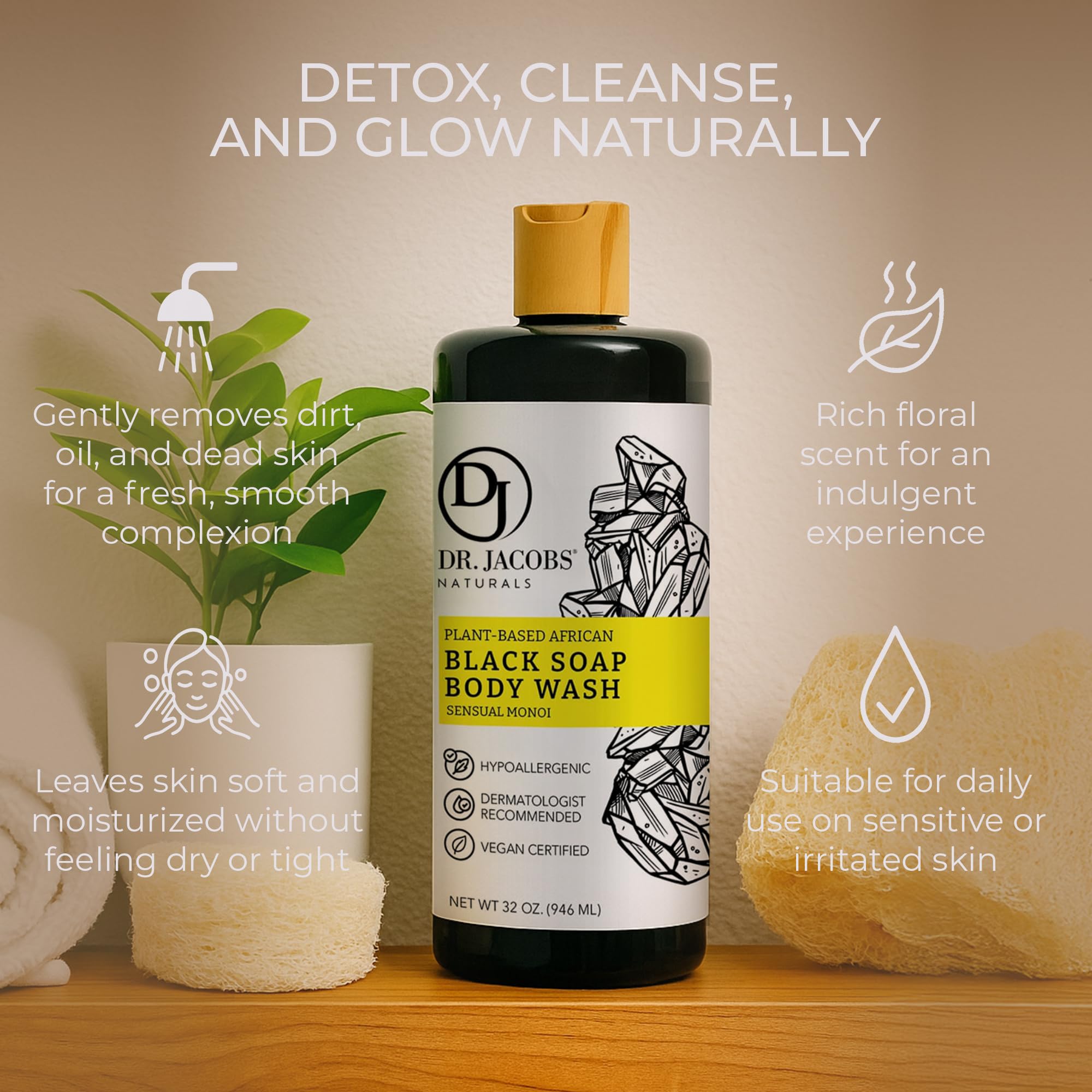 Dr Jacobs Naturals African Black Liquid Soap with Monoi – All-In-One Cleanser (16oz, 2pk)