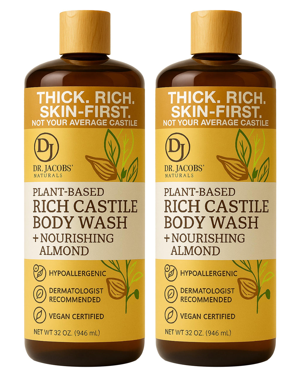 Dr. Jacobs Naturals Pure Castile Soap Almond Body Wash – Plant-Based, Aloe & Vitamin E, 32 oz (Pack of 2)