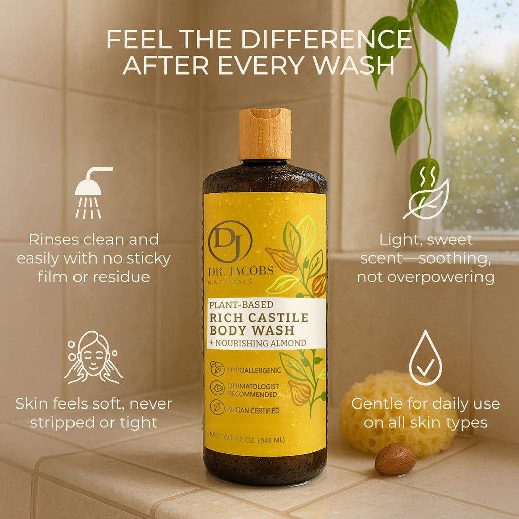 Dr. Jacobs Naturals Pure Castile Soap Almond Body Wash – Plant-Based, Aloe & Vitamin E, 32 oz (Pack of 2)