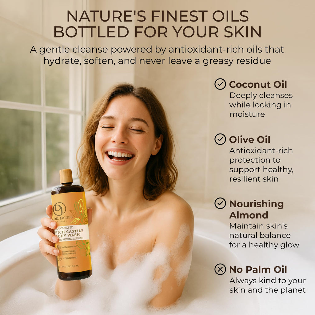 Dr. Jacobs Naturals Pure Castile Soap Almond Body Wash – Plant-Based, Aloe & Vitamin E, 32 oz (Pack of 2)