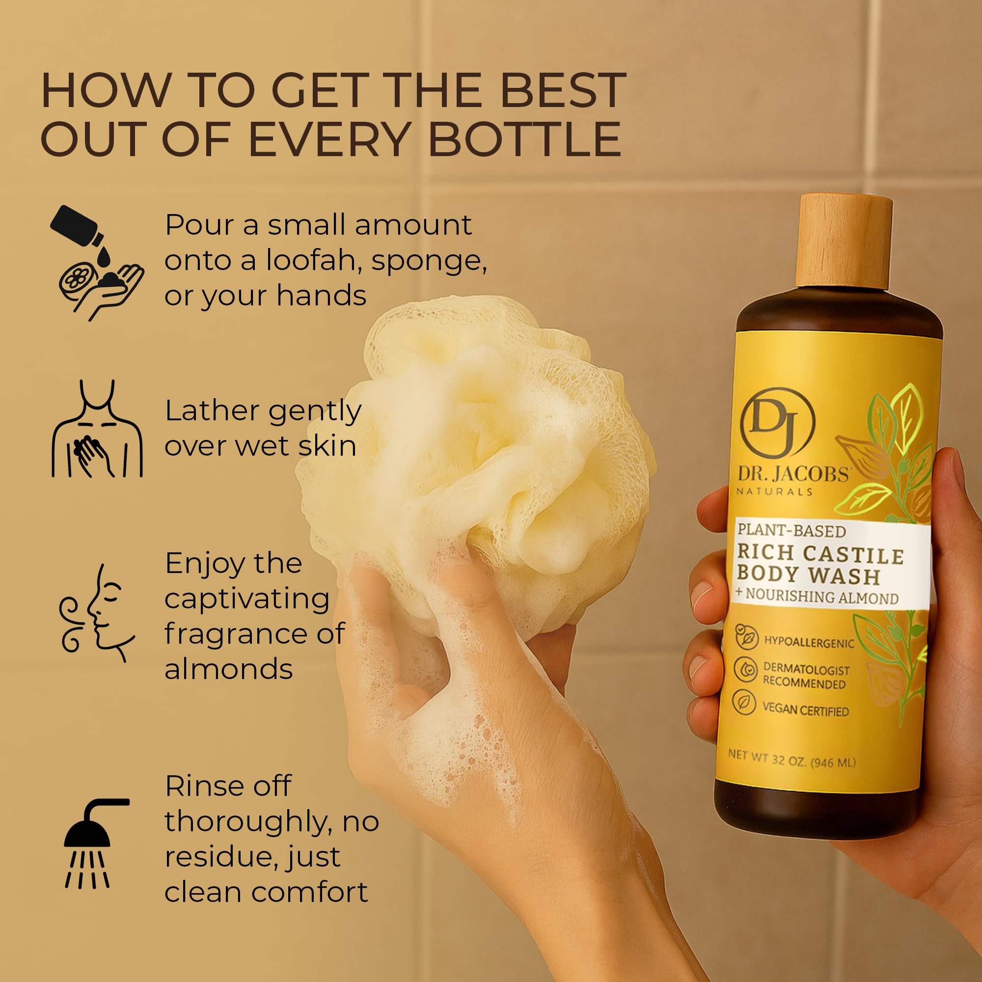 Dr. Jacobs Naturals Pure Castile Soap Almond Body Wash – Plant-Based, Aloe & Vitamin E, 32 oz (Pack of 2)