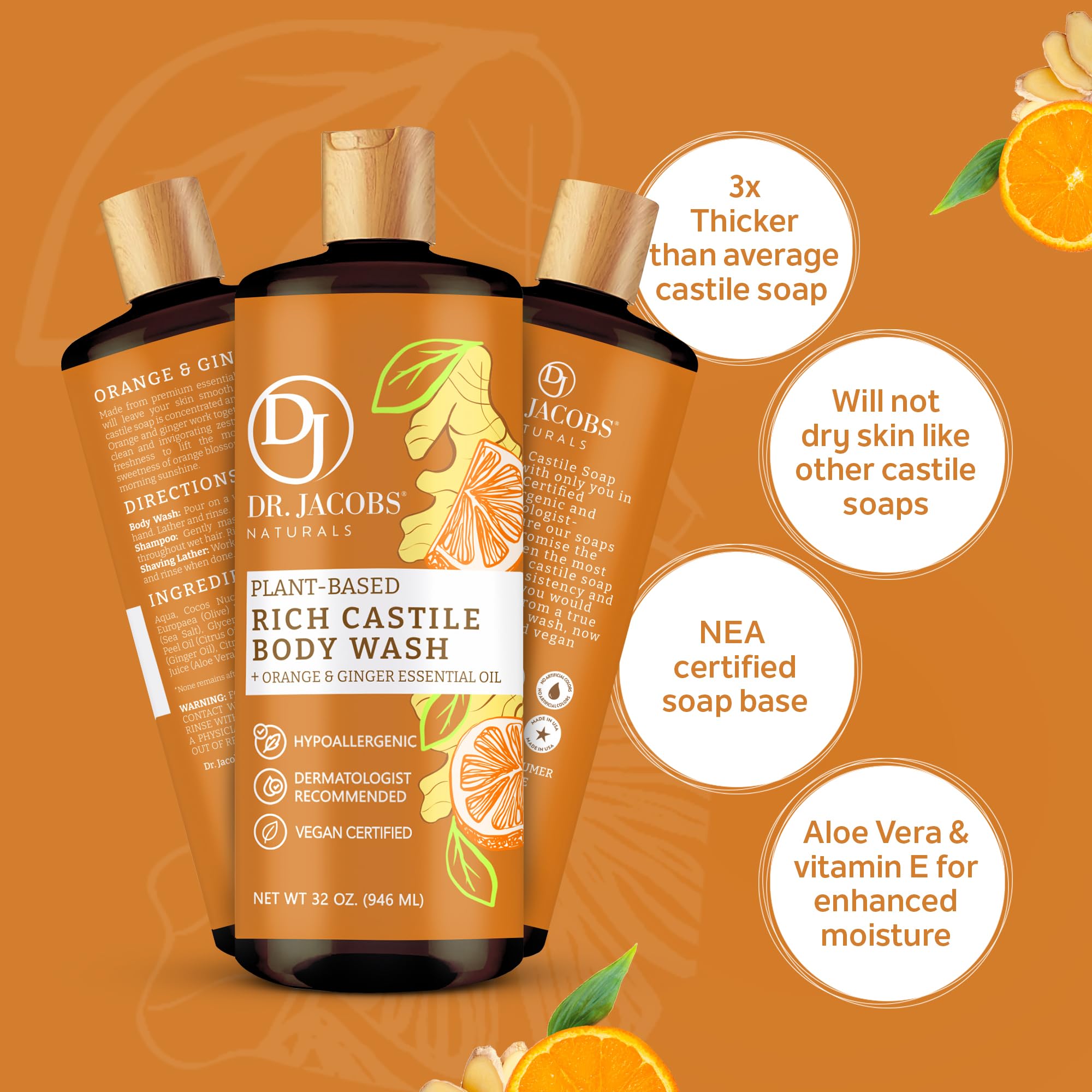 Dr. Jacobs Naturals Pure Castile Soap Liquid Body Wash – Orange & Ginger (32 oz) Pack of 3