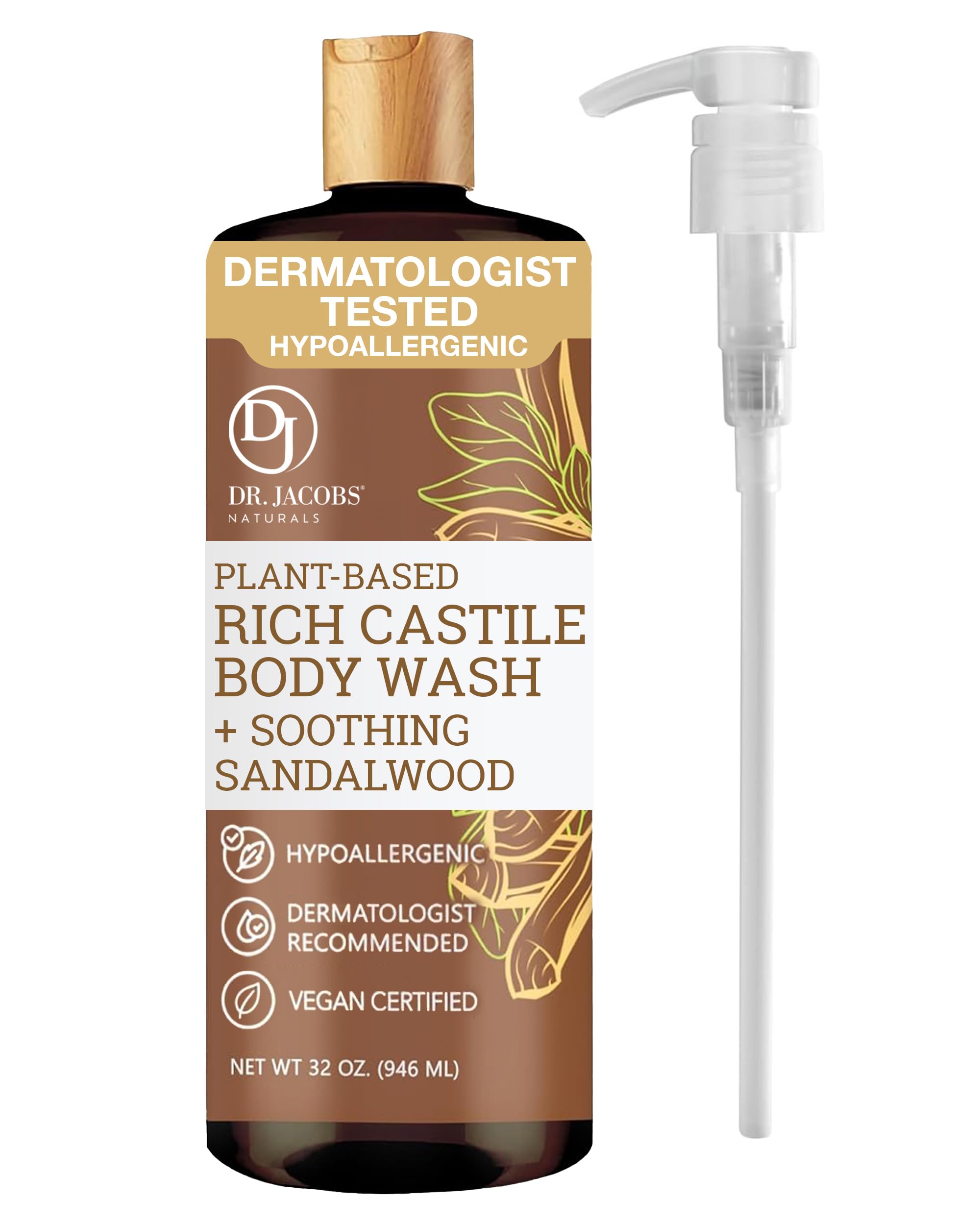 DR.JACOBS NATURALS Castile Sandalwood Body Wash – Plant-Based Hydration for Dry & Sensitive Skin | 32 oz Pump