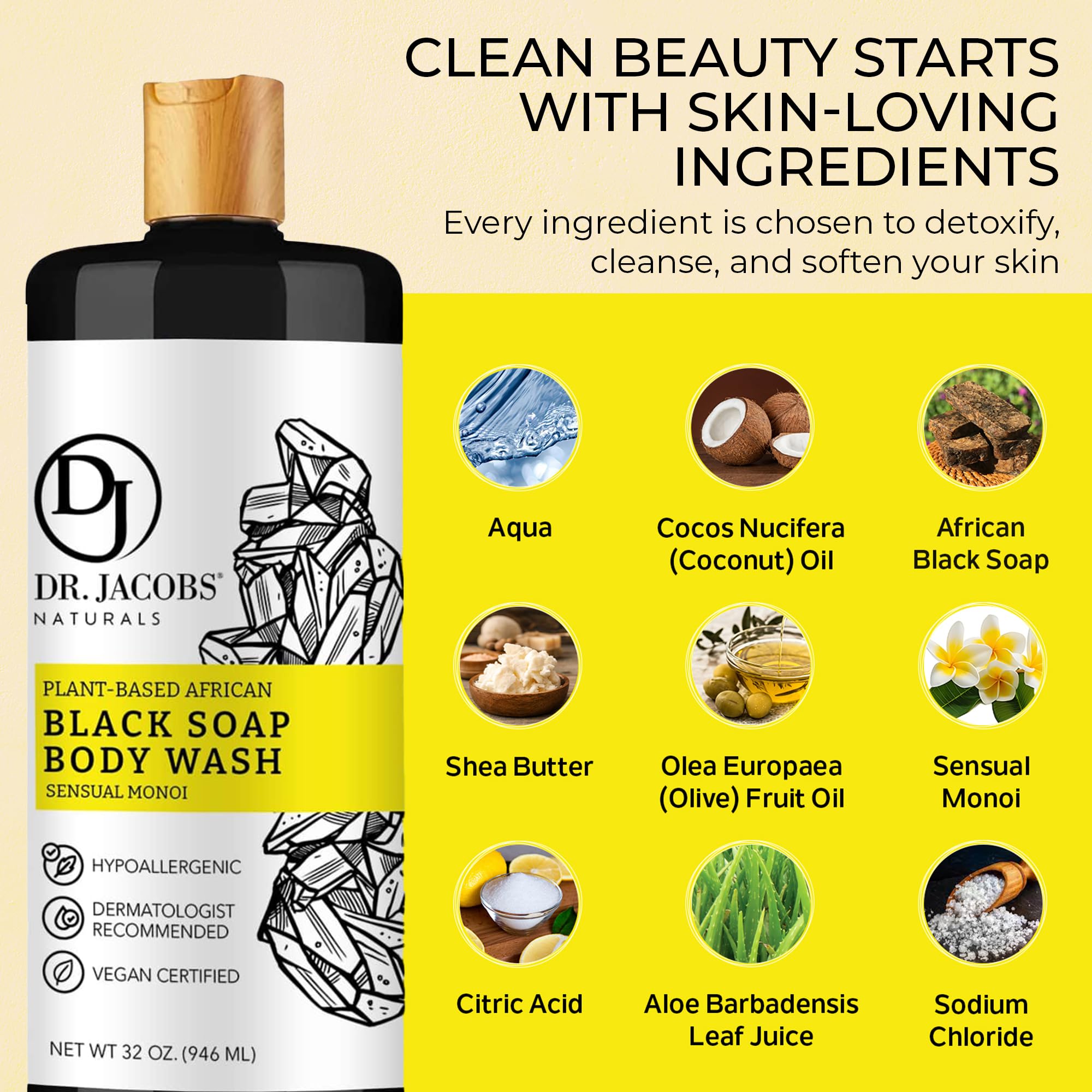 Dr Jacobs Naturals African Black Liquid Soap with Monoi – All-In-One Cleanser (16oz, 2pk)