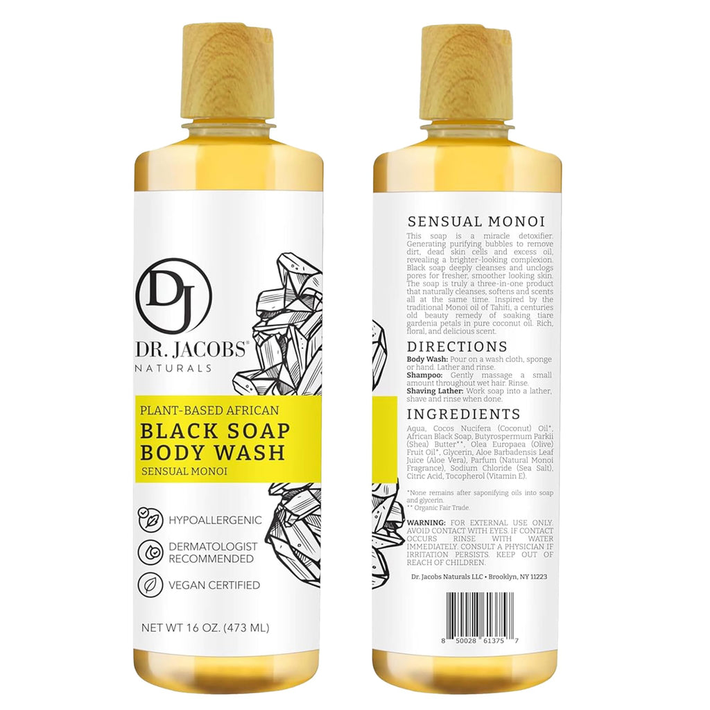 Dr Jacobs Naturals African Black Liquid Soap with Monoi – All-In-One Cleanser (16oz, 2pk)