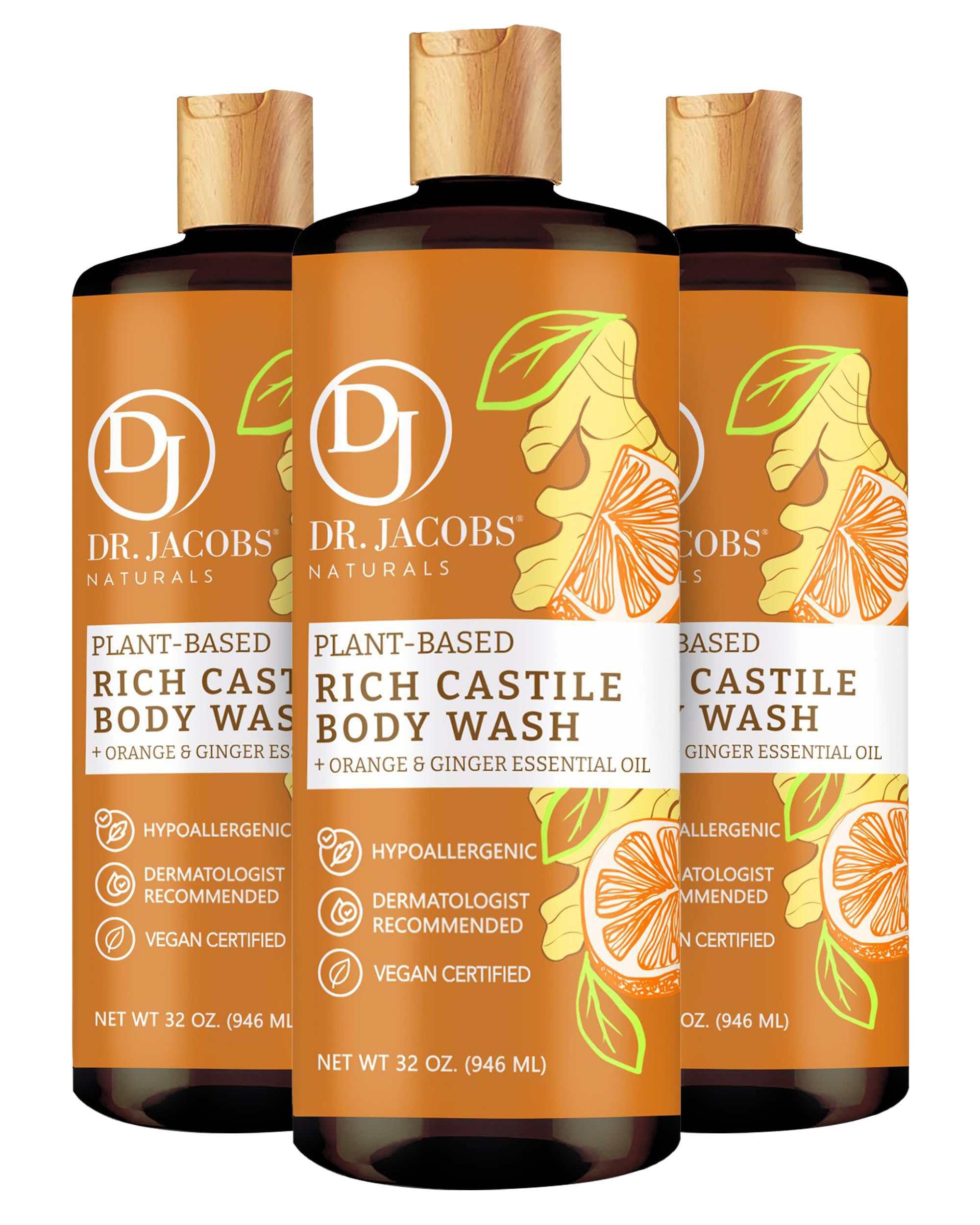 Dr. Jacobs Naturals Pure Castile Soap Liquid Body Wash – Orange & Ginger (32 oz) Pack of 3