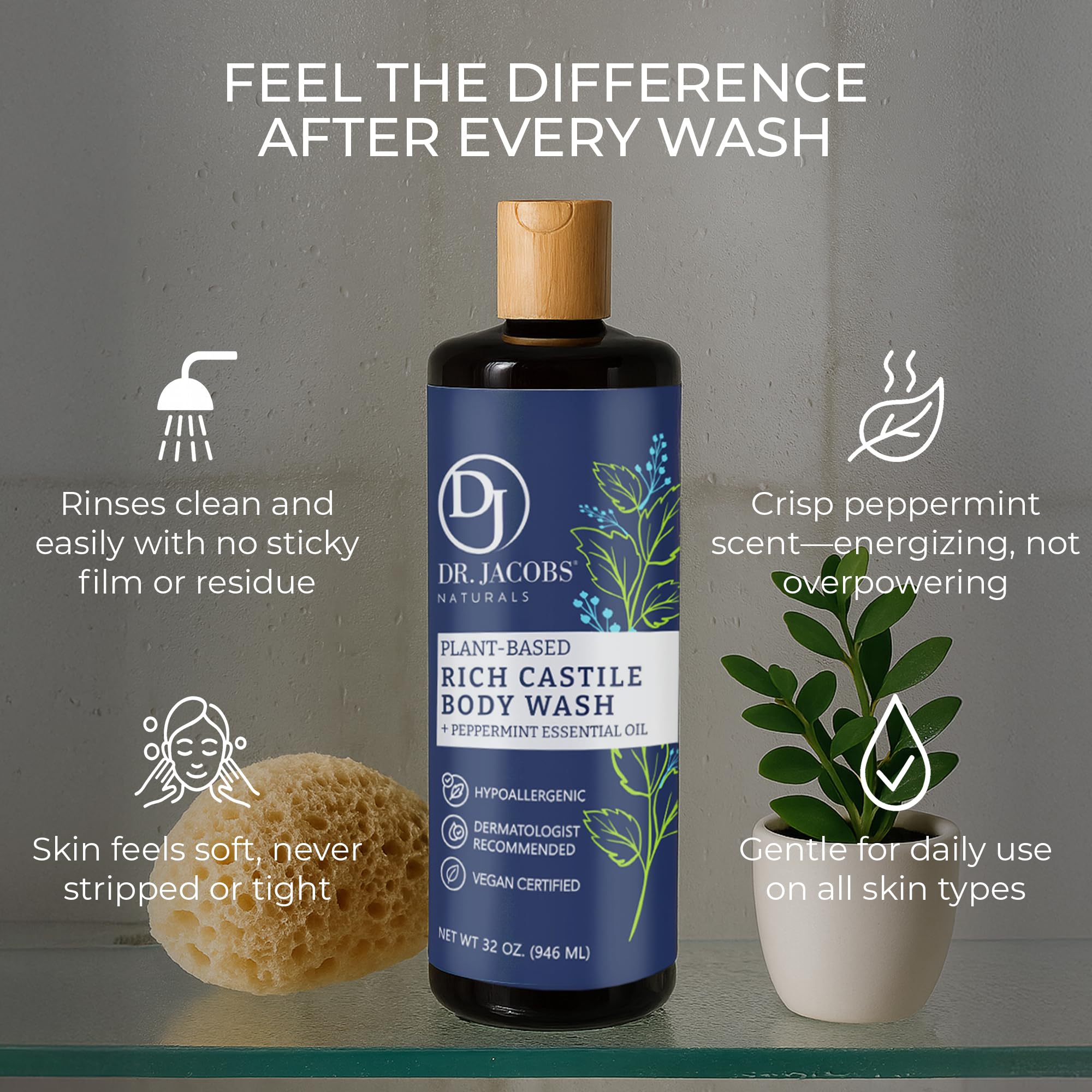 Dr. Jacobs Naturals Peppermint Castile Soap Liquid Body Wash – Plant-Based, Aloe Vera & Vitamin E, 32 oz x3 – Made in USA