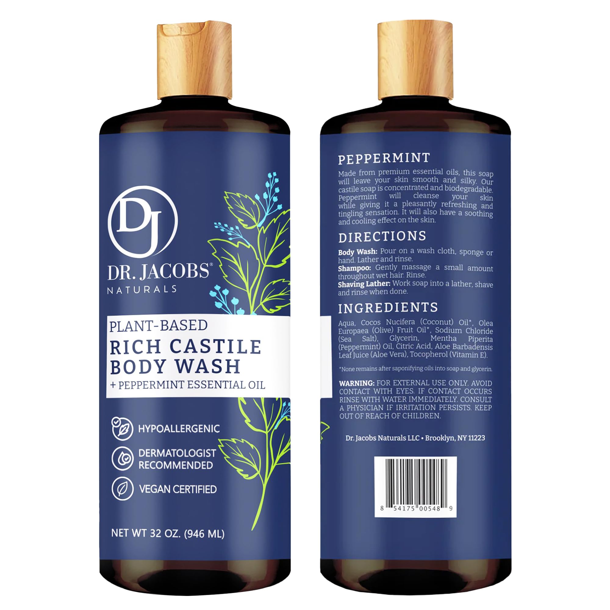 Dr. Jacobs Naturals Peppermint Castile Soap Liquid Body Wash – Plant-Based, Aloe Vera & Vitamin E, 32 oz x3 – Made in USA