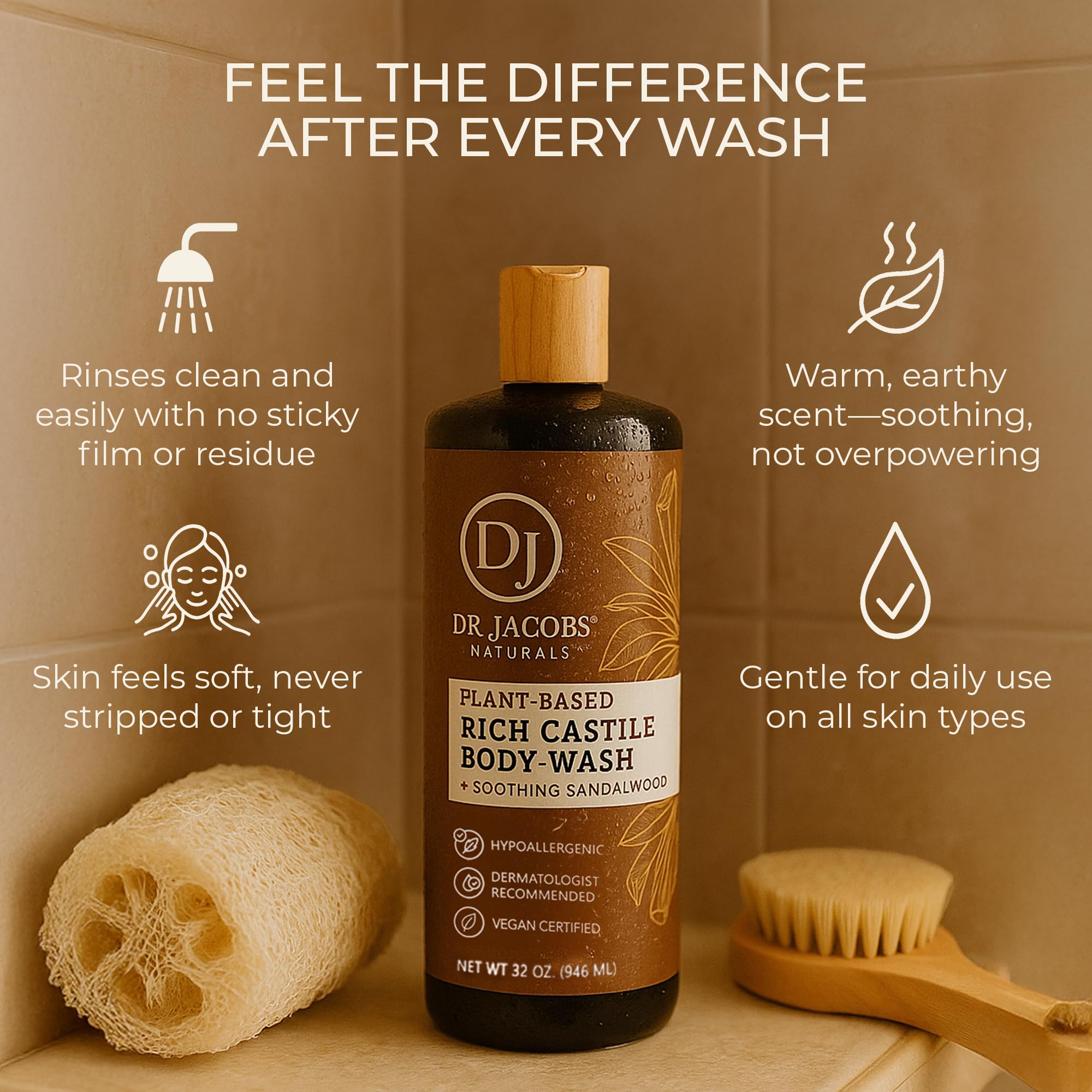 DR.JACOBS NATURALS Pure Castile Soap Liquid Body Wash – Sandalwood, 32 oz (Pack of 3) – Plant-Based with Aloe Vera & Vitamin E