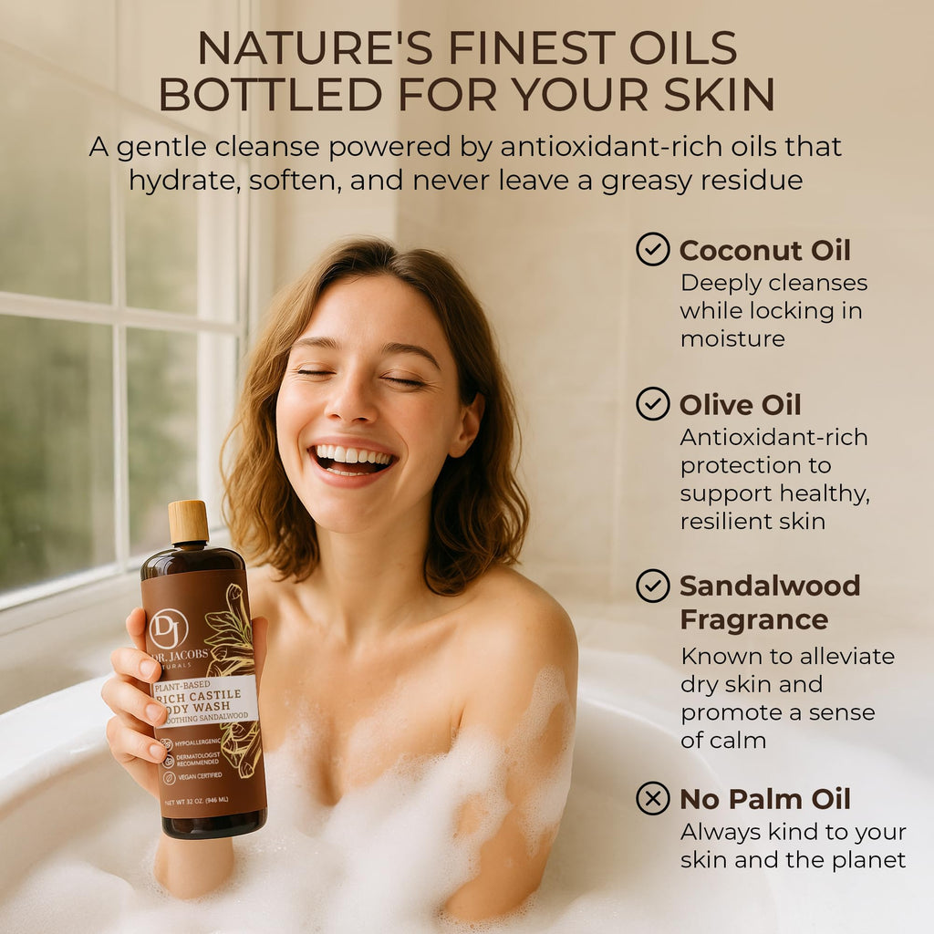 DR.JACOBS NATURALS Pure Castile Soap Liquid Body Wash – Sandalwood, 32 oz (Pack of 3) – Plant-Based with Aloe Vera & Vitamin E