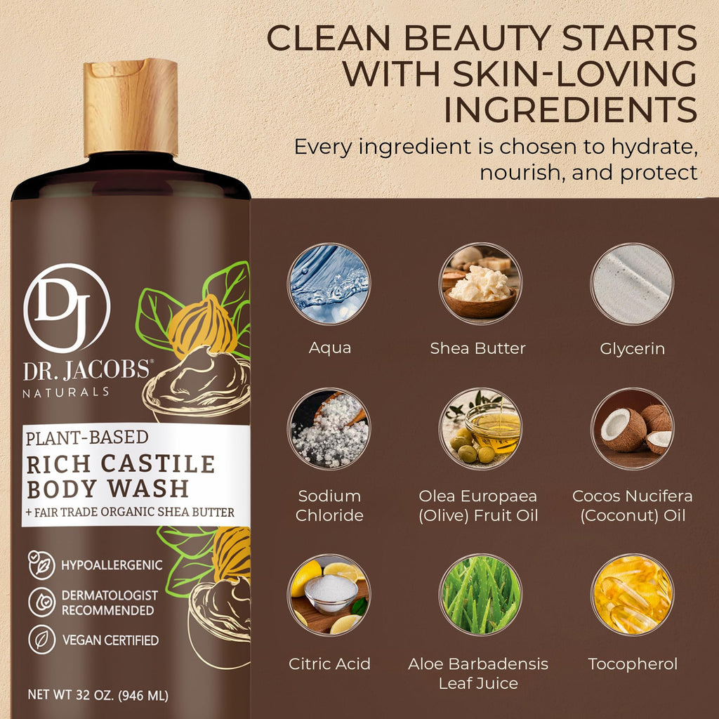 Dr. Jacobs Naturals Pure Castile Soap Liquid Body Wash Sandalwood – Plant-Based with Aloe Vera & Vitamin E, 16 oz