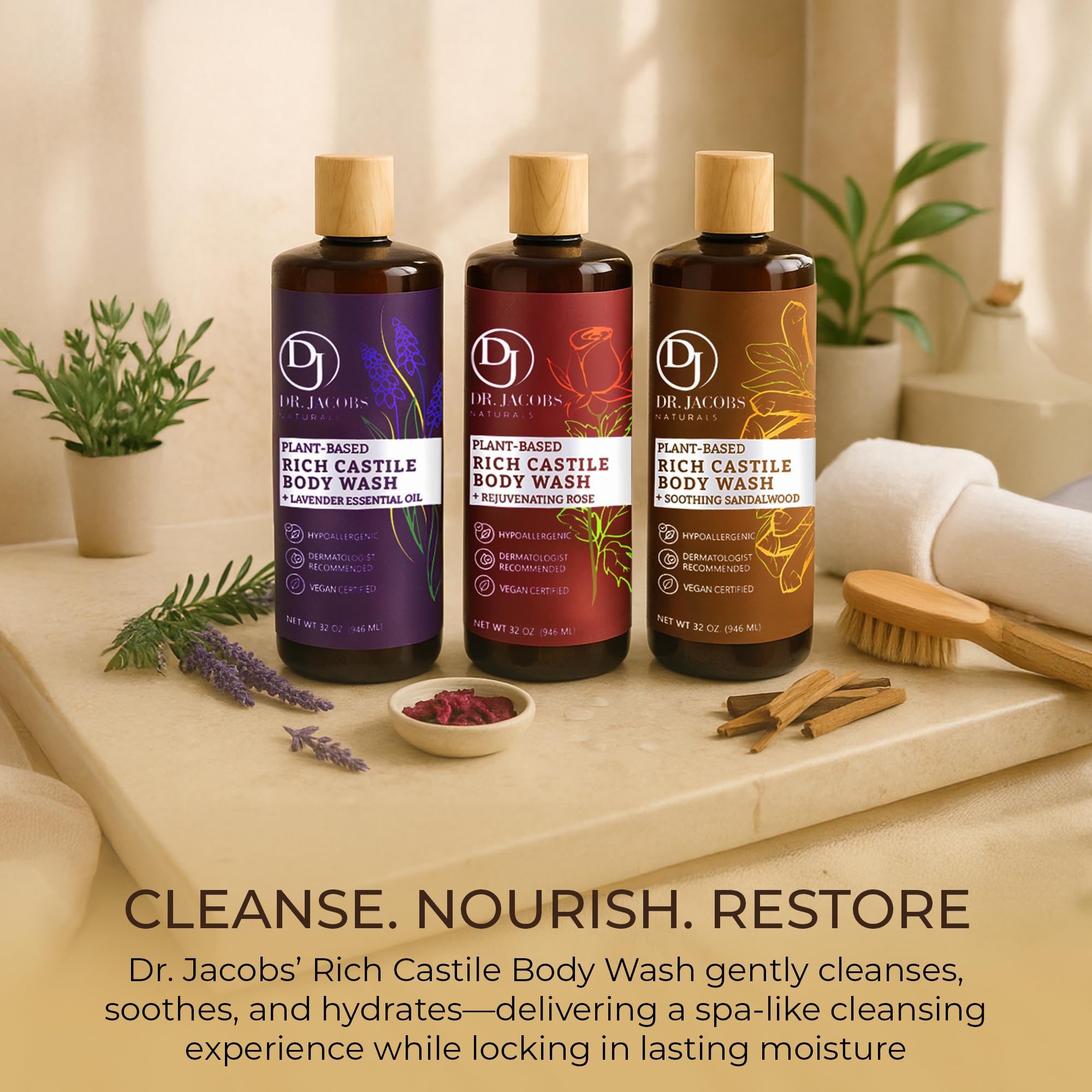 DR.JACOBS NATURALS Pure Castile Soap Liquid Body Wash – Sandalwood, 32 oz (Pack of 3) – Plant-Based with Aloe Vera & Vitamin E
