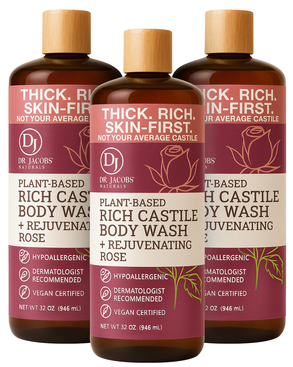 DR.JACOBS NATURALS Pure Castile Soap Rose – Plant-Based Body Wash (32 oz, Pack of 3)
