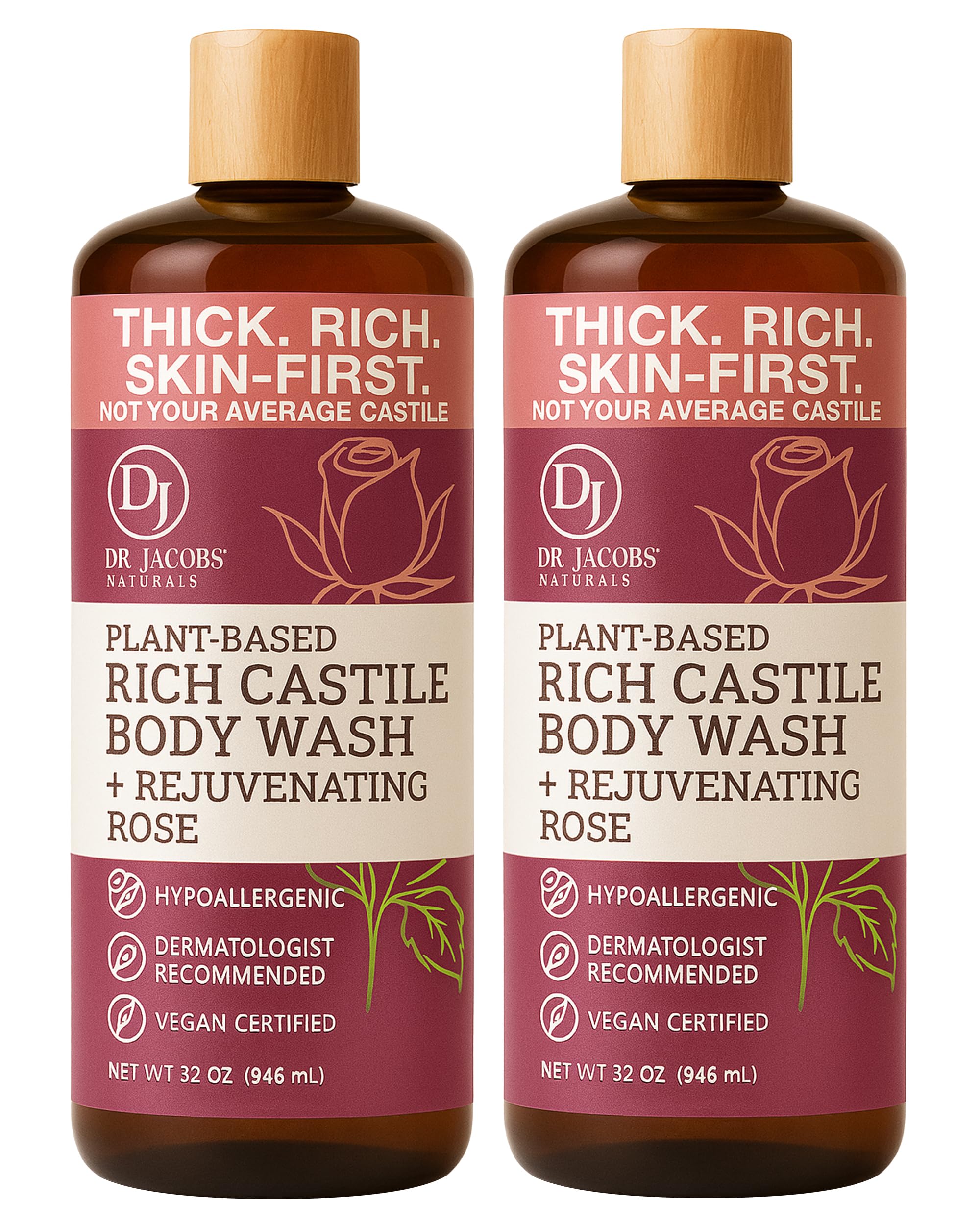 Dr. Jacobs Naturals Pure Castile Soap Rose – Plant-Based Body Wash, Vitamin E & Aloe, 32 oz x 2