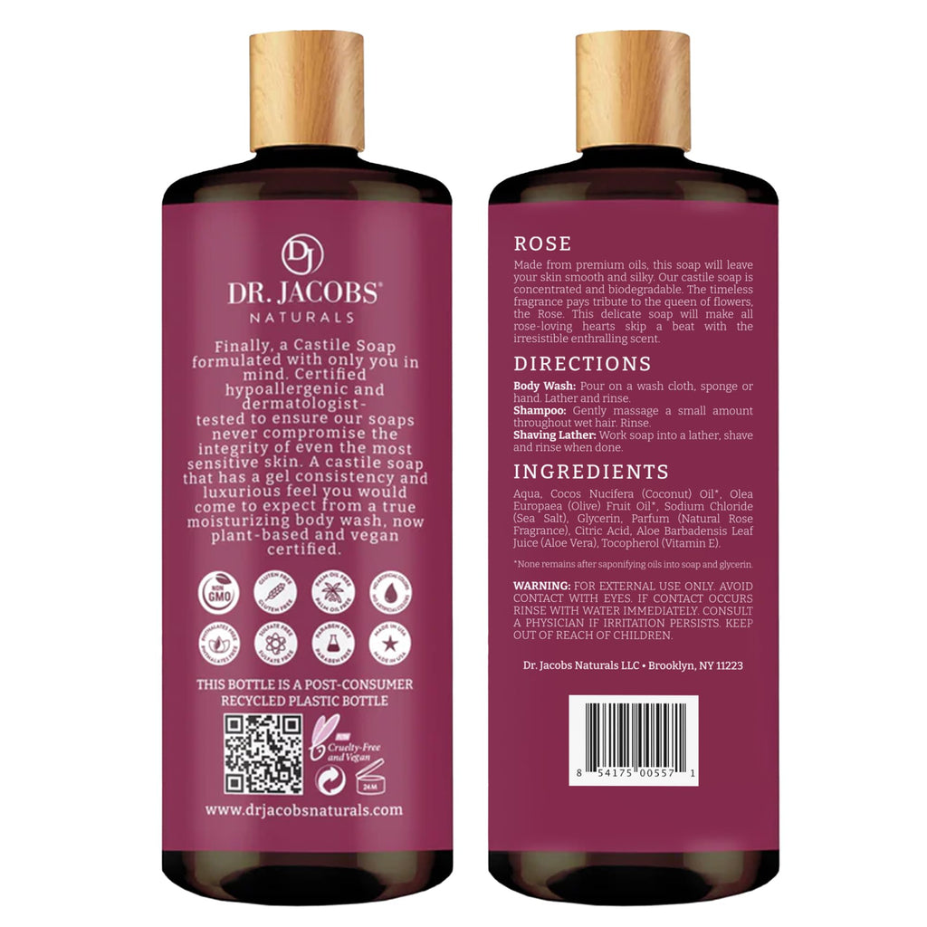 Dr. Jacobs Naturals Pure Castile Soap Rose – Plant-Based Body Wash, Vitamin E & Aloe, 32 oz x 2