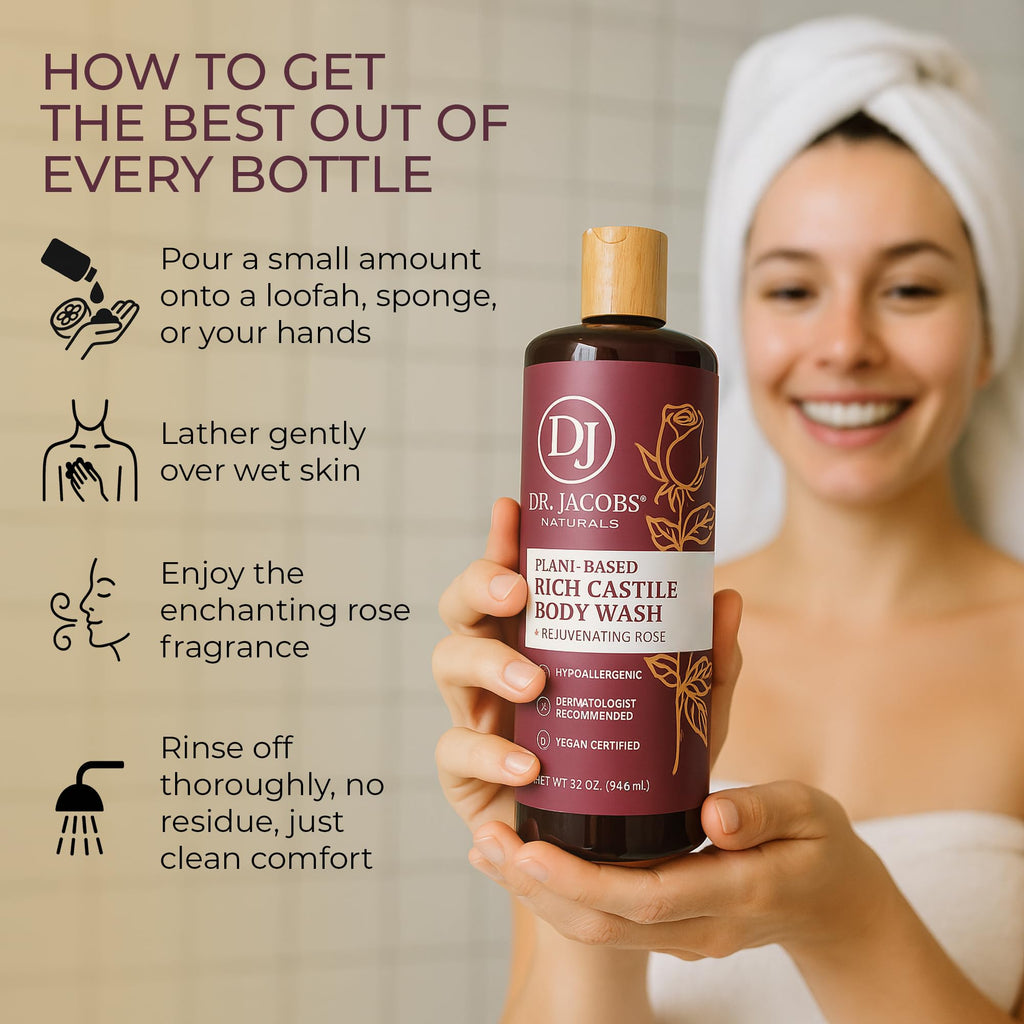 Dr. Jacobs Naturals Pure Castile Soap Rose – Plant-Based Body Wash, Vitamin E & Aloe, 32 oz x 2