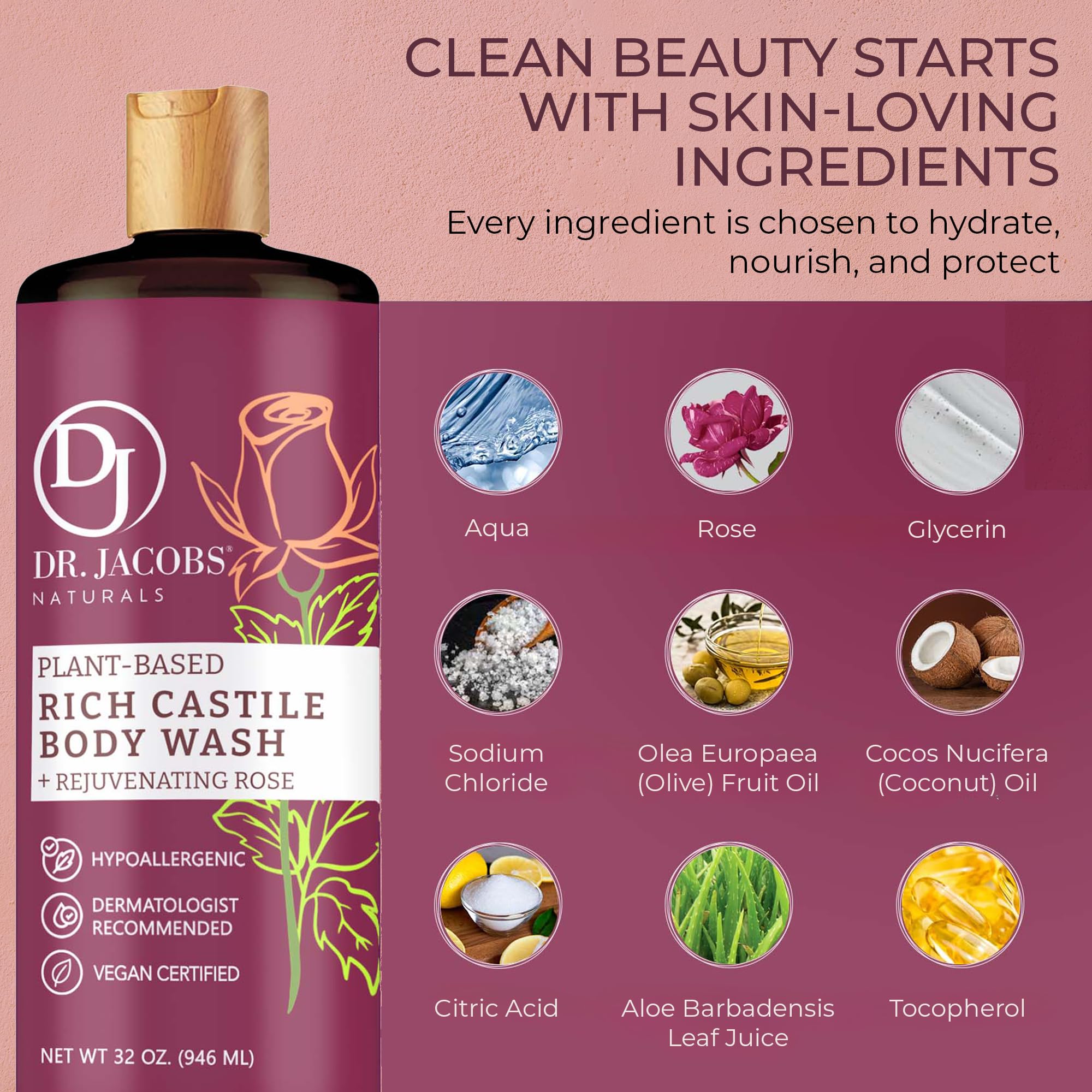 DR.JACOBS NATURALS Pure Castile Soap Rose – Plant-Based Body Wash (32 oz, Pack of 3)