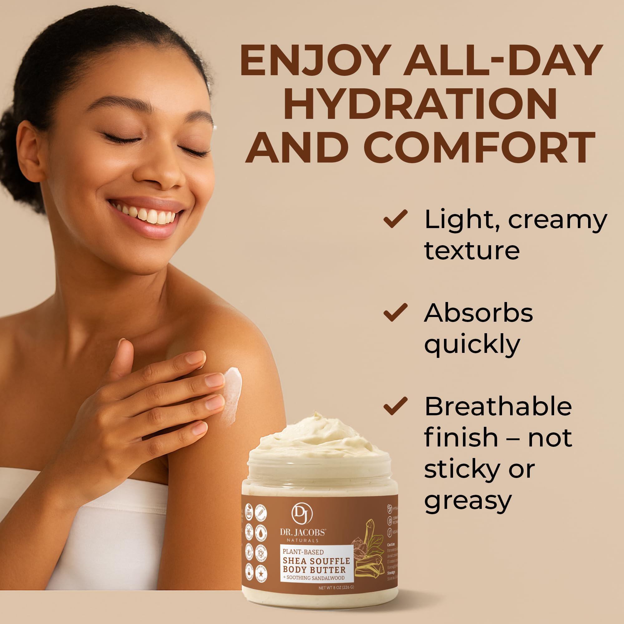 Dr. Jacobs Naturals Shea Soufflé Body Butter – Lightweight, Non-Greasy Moisturizer with Sandalwood
