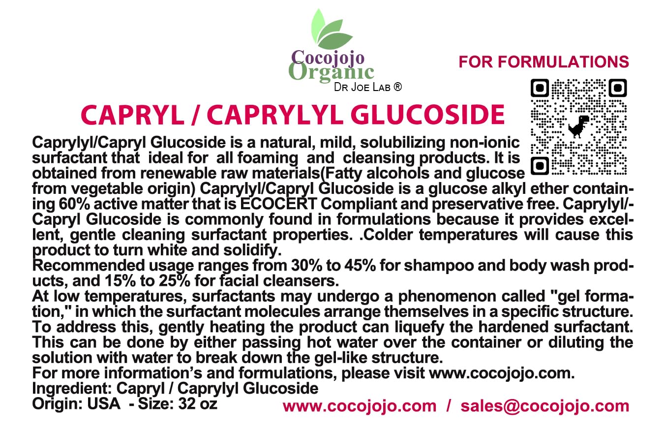 Dr Joe Lab Capryl Glucoside Liquid Surfactant – Plant-Derived Foaming Surfactant for DIY Skincare (32 oz) | COCOJOJO