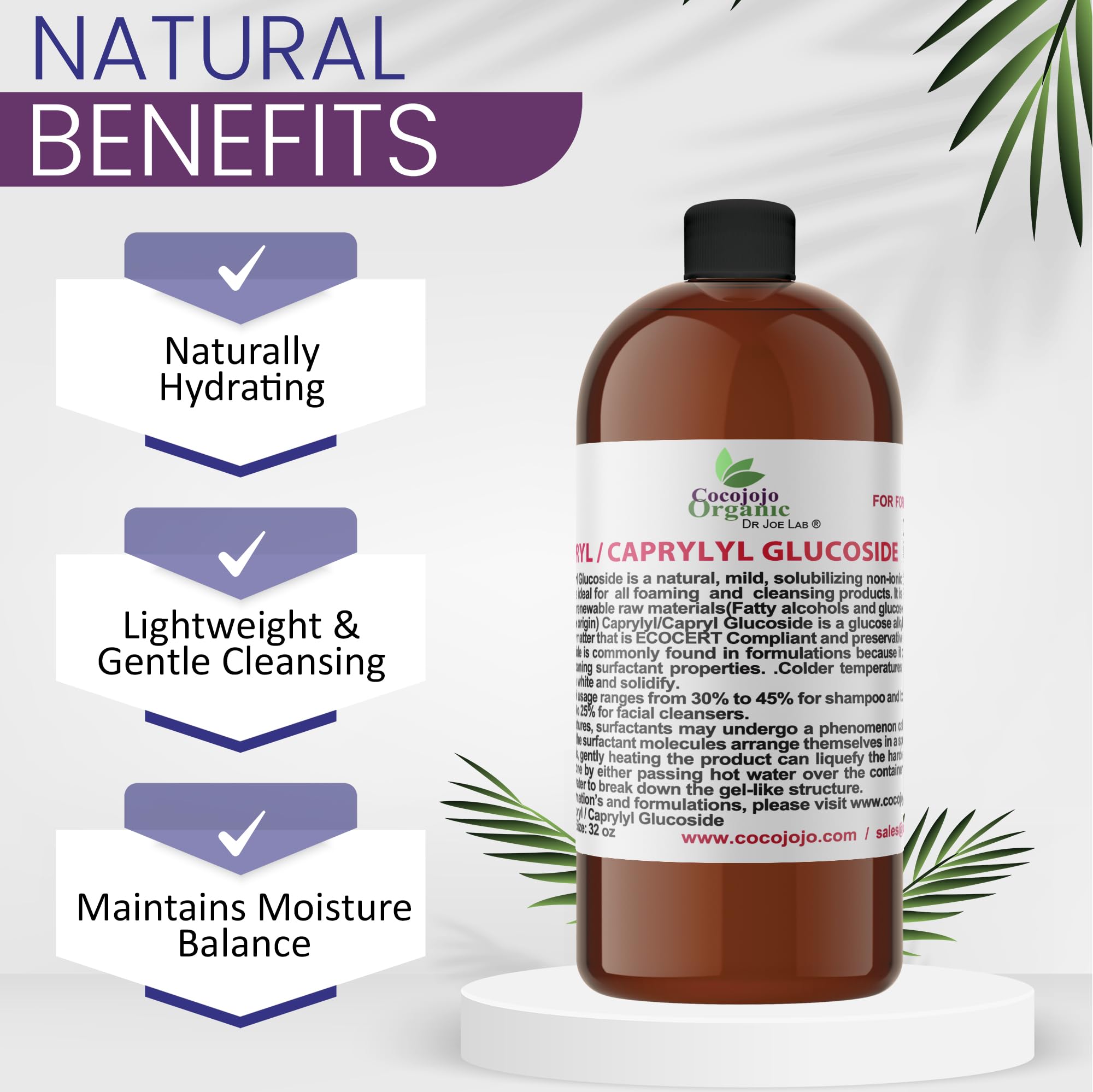 Dr Joe Lab Capryl Glucoside Liquid Surfactant – Plant-Derived Foaming Surfactant for DIY Skincare (32 oz) | COCOJOJO