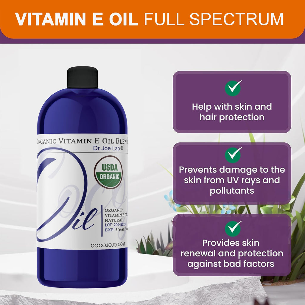 Dr Joe Lab Organic Vitamin E Oil for Skin & Hair | Cold-Pressed, Non-GMO, 32 Oz