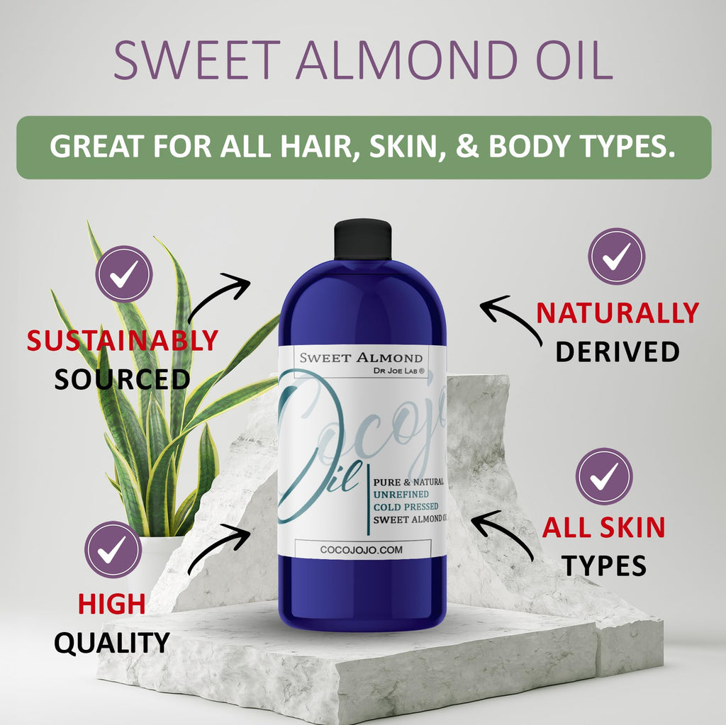 Dr Joe Lab Sweet Almond Oil – 32 Fl Oz, Cold-Pressed & Unrefined, for Hair, Skin & Nails