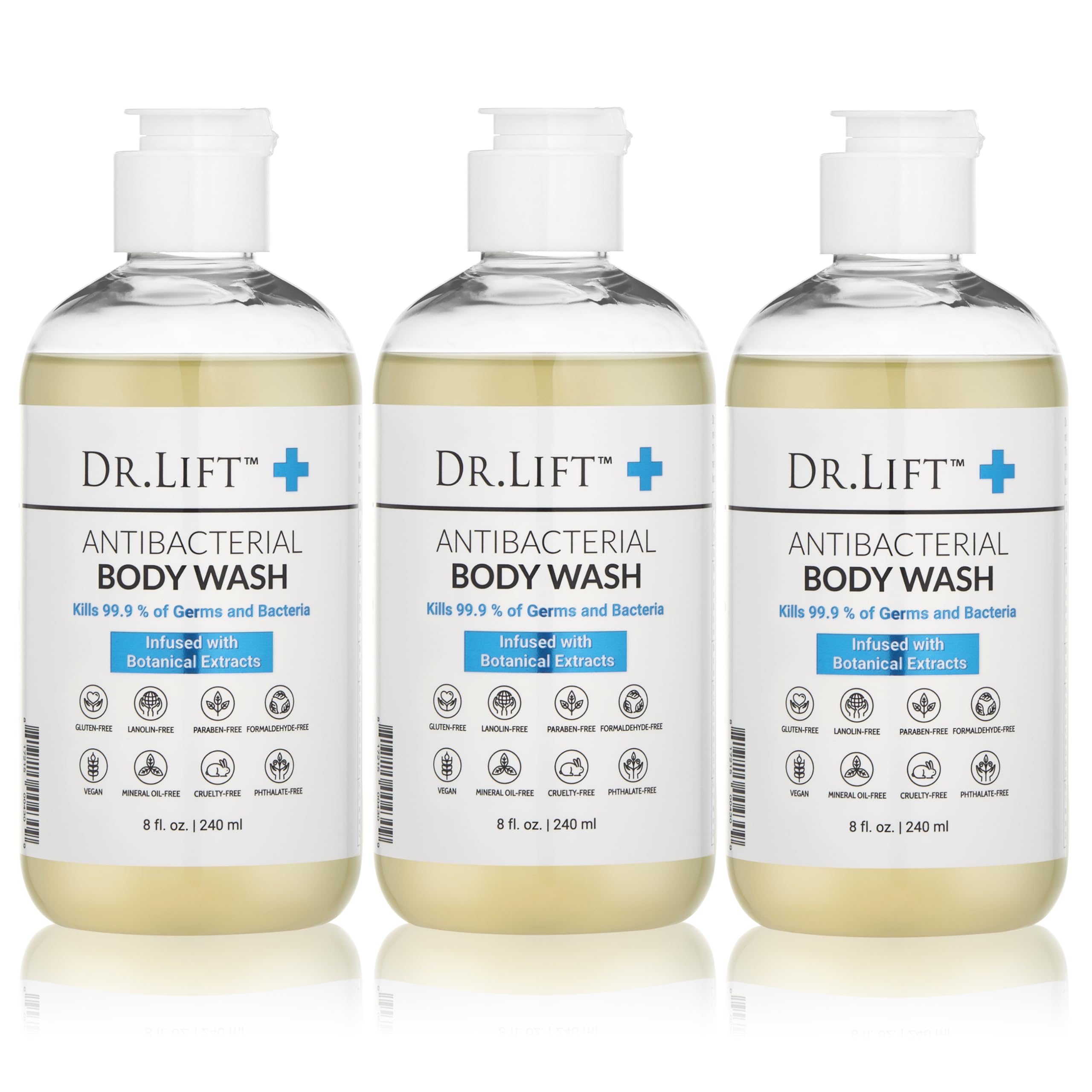 DR. LIFT Antibacterial Body Wash – 8 oz Bottle, 3-Pack – Gentle, Hydrating Shower Gel – Made in America