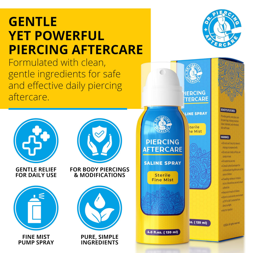 Dr. Piercing Aftercare Spray 8 oz – Sterile Saline Solution for Piercings | Two-Ingredient Formula (2-pack)