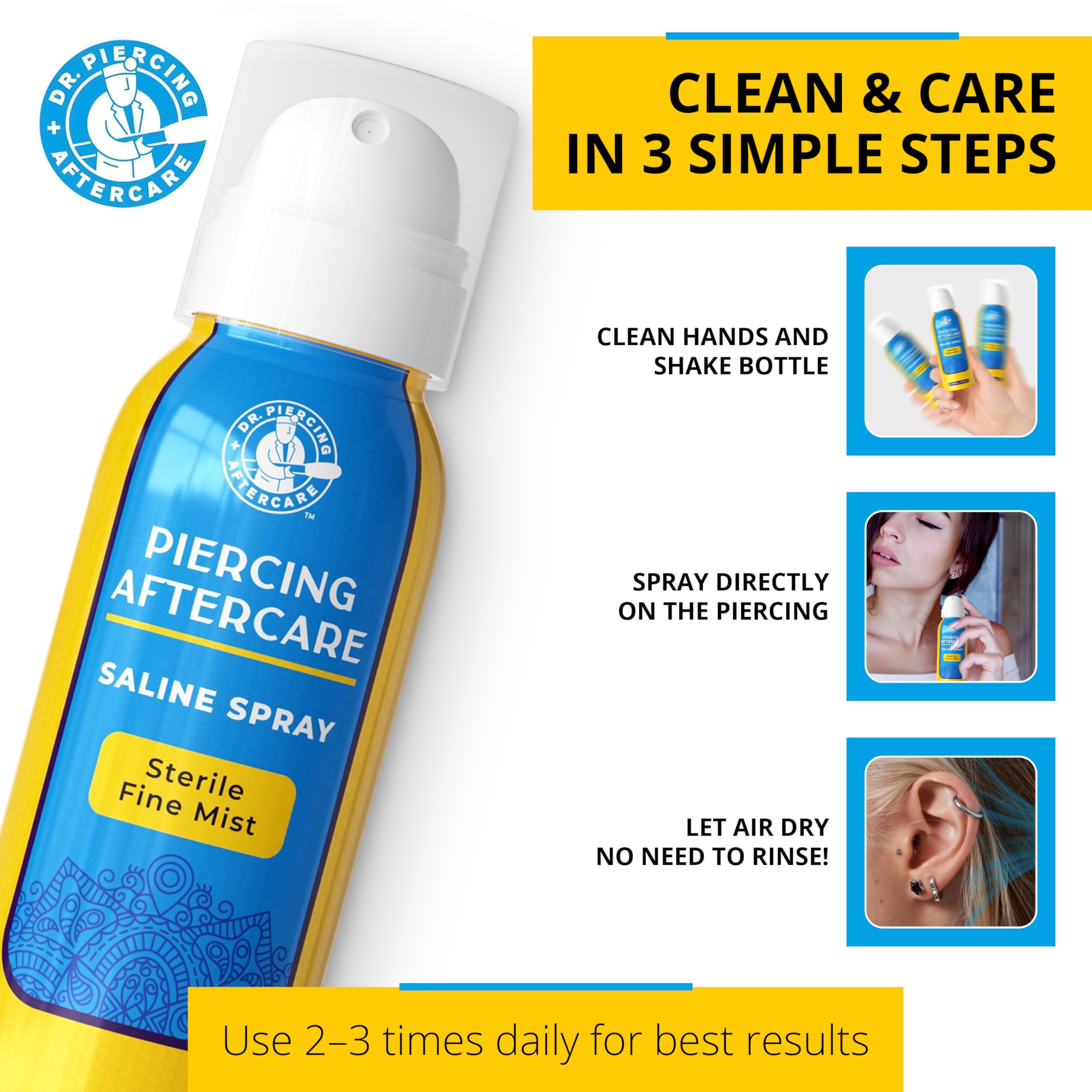 Dr. Piercing Aftercare Spray 8 oz – Sterile Saline Solution for Piercings | Two-Ingredient Formula (2-pack)