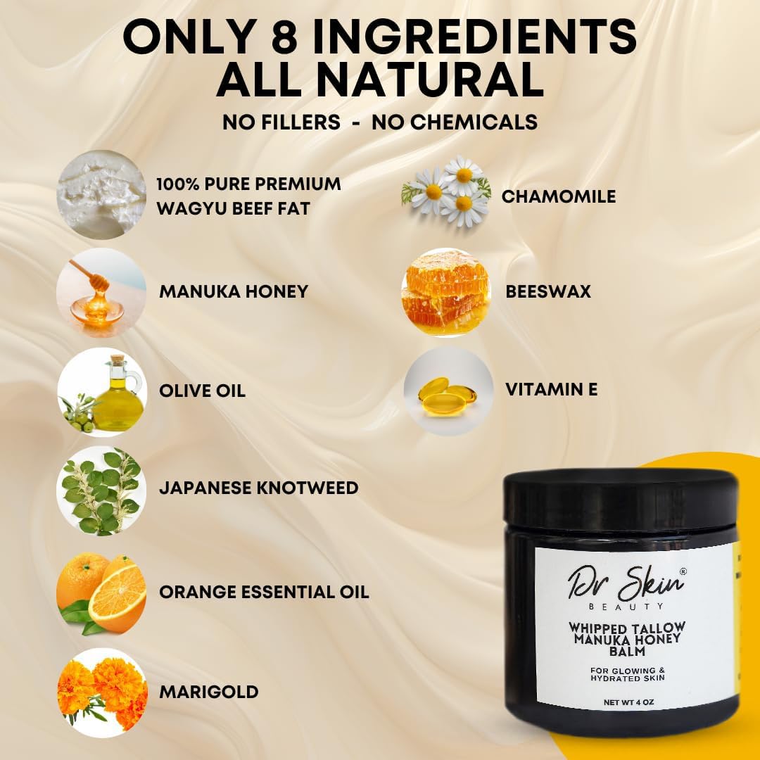 Whipped Beef Tallow & Manuka Honey Balm – Organic Lip & Skin Care (Orange, 4oz) | Dr Skin BEAUTY