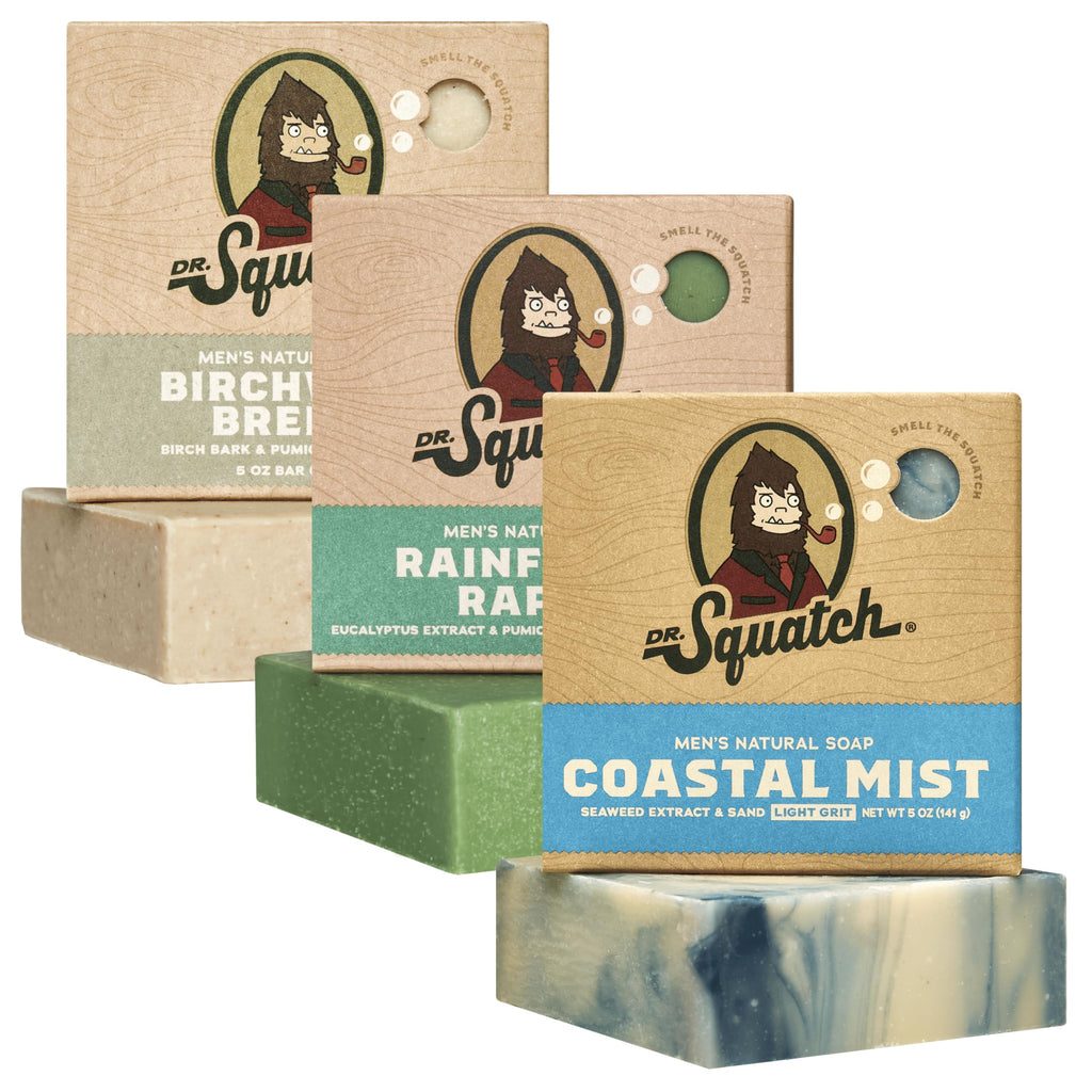 Dr. Squatch Natural Men’s Bar Soap – Cold Process 3-Pack (Coastal Mist, Rainforest Rapids, Birchwood Breeze)