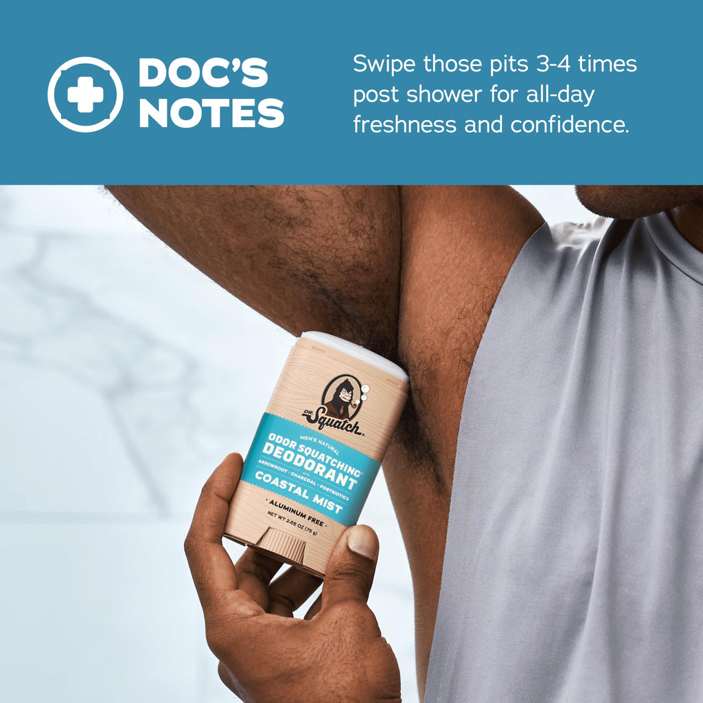Dr. Squatch Natural Men’s Deodorant – Aluminum Free with Charcoal & Postbiotics, Sierra Storm + Sandalwood Summit (2-Pack)