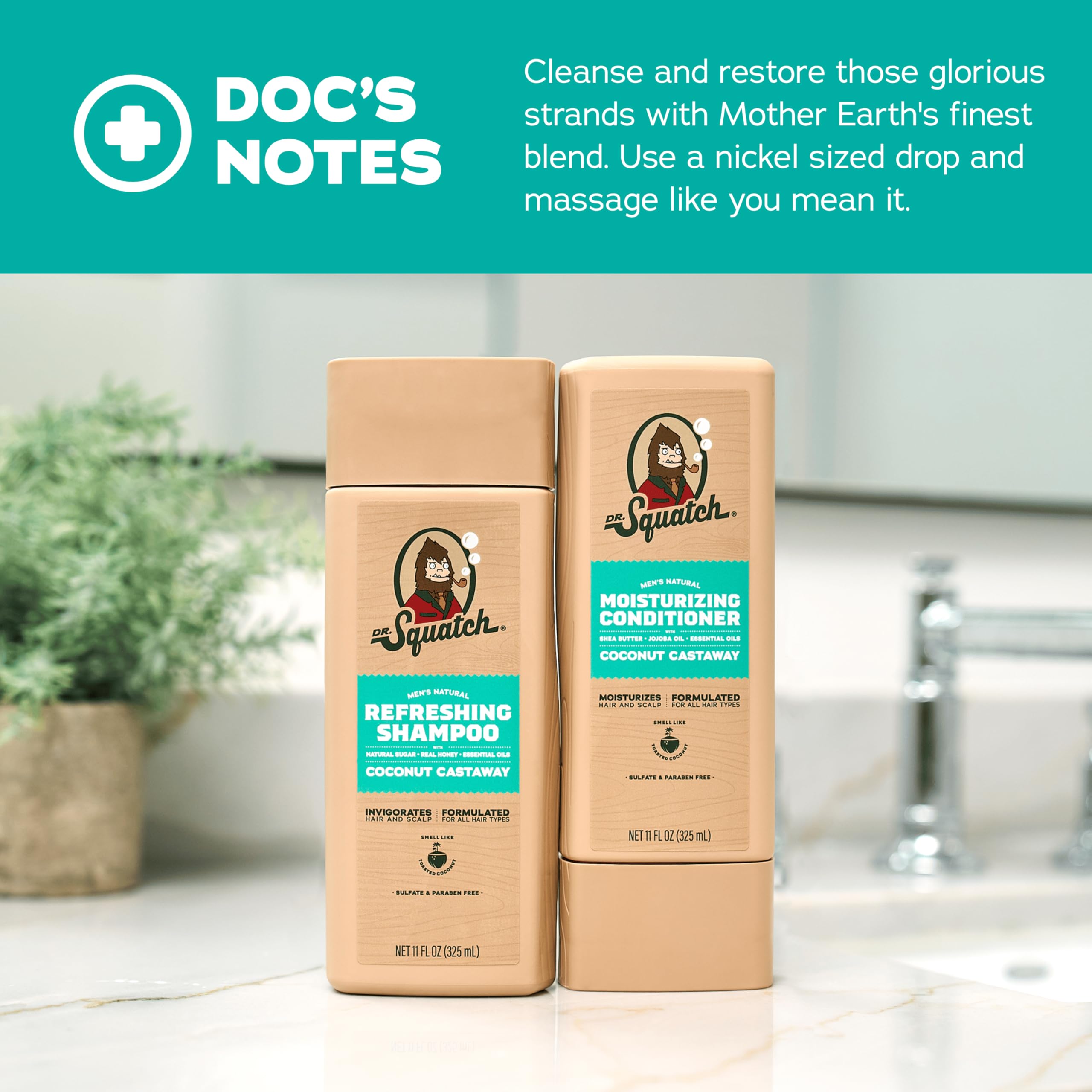 Dr. Squatch Coconut Castaway Shampoo & Conditioner Set for Men – Natural, 11 oz x 2