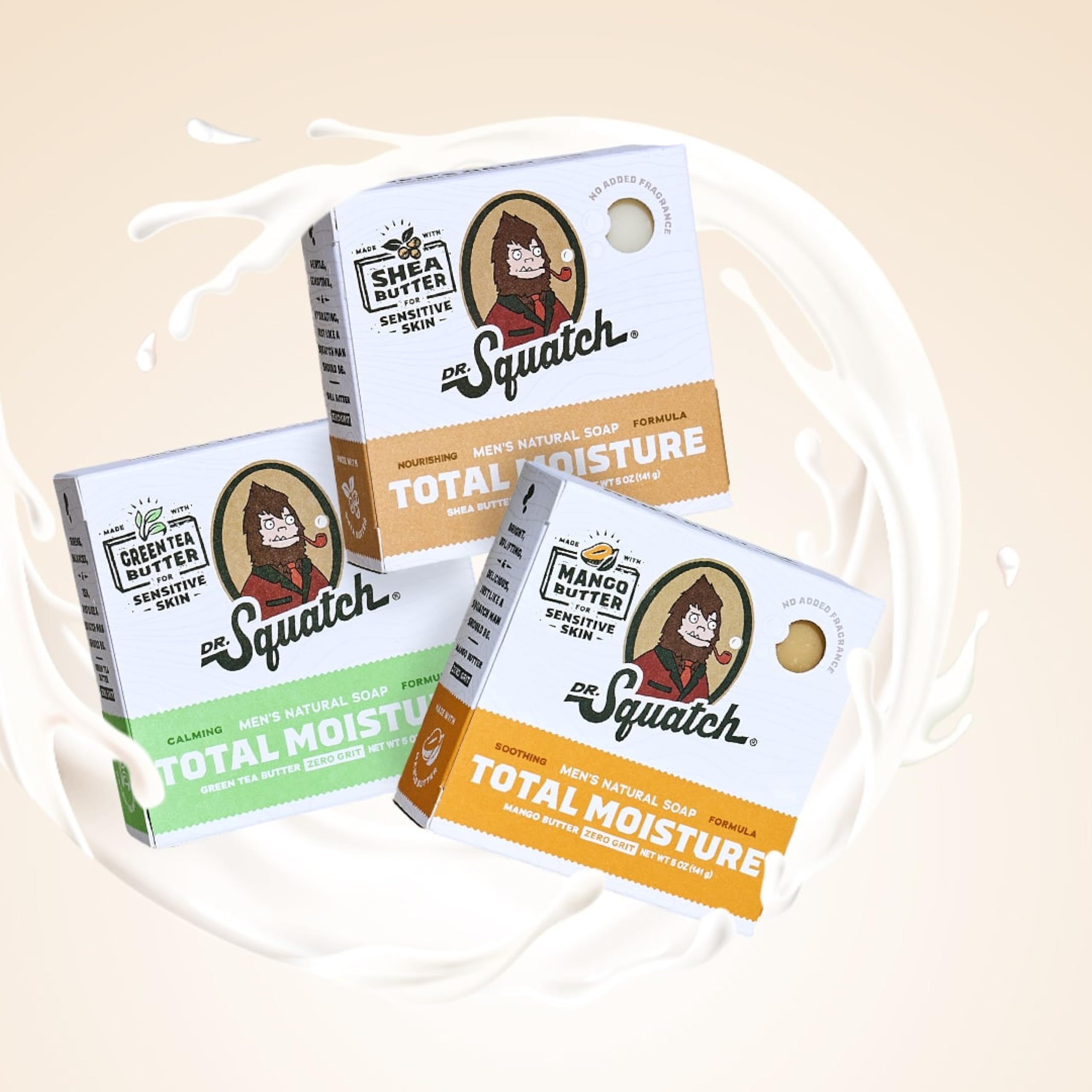 Dr. Squatch Total Moisture Bar Soap for Men – No Added Fragrance, Sensitive Skin Formula with Green Tea Butter (3-Pack, 5 oz each)