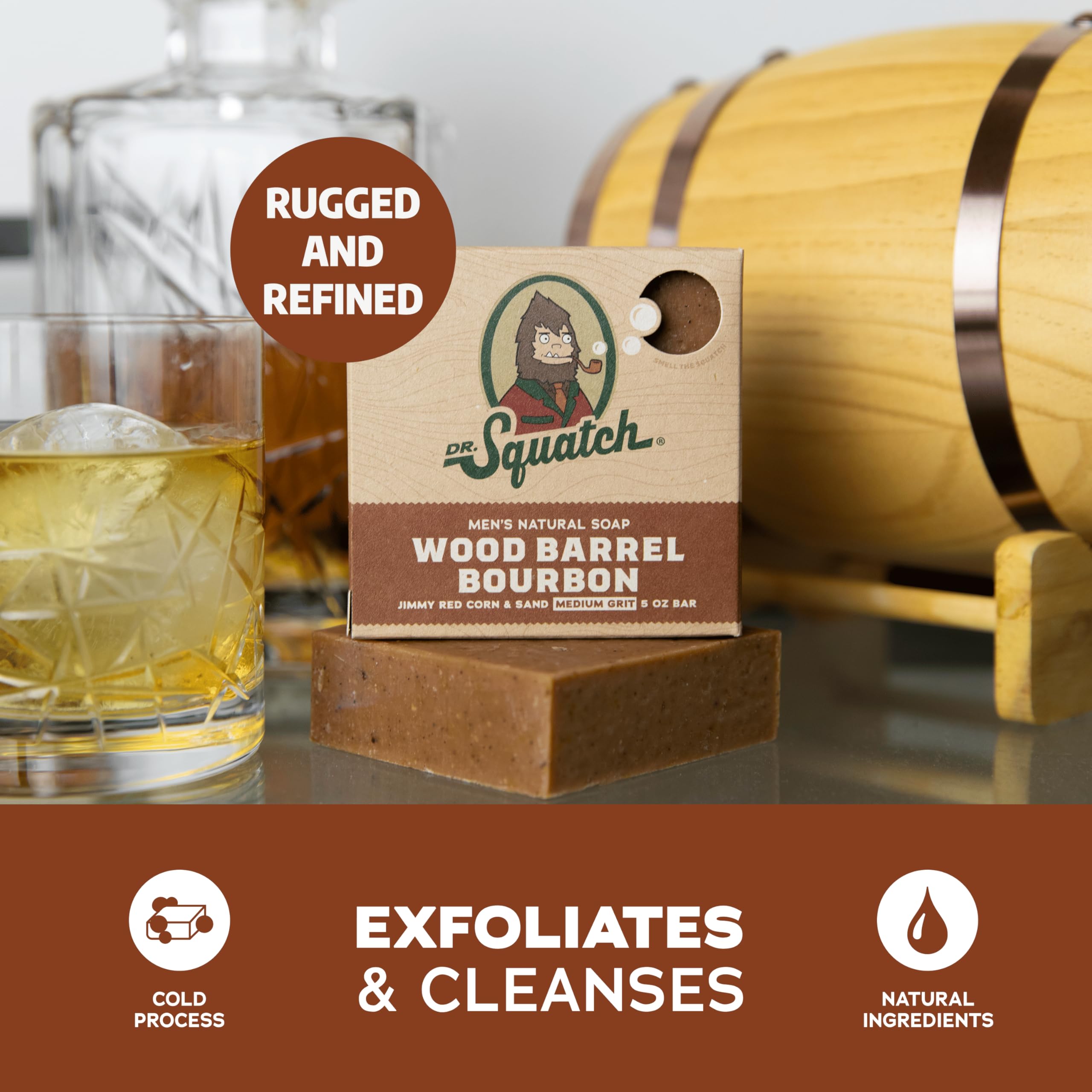 Dr. Squatch Wood Barrel Bourbon Bar Soap – Natural Cold Process, 3-Pack (5 oz each)