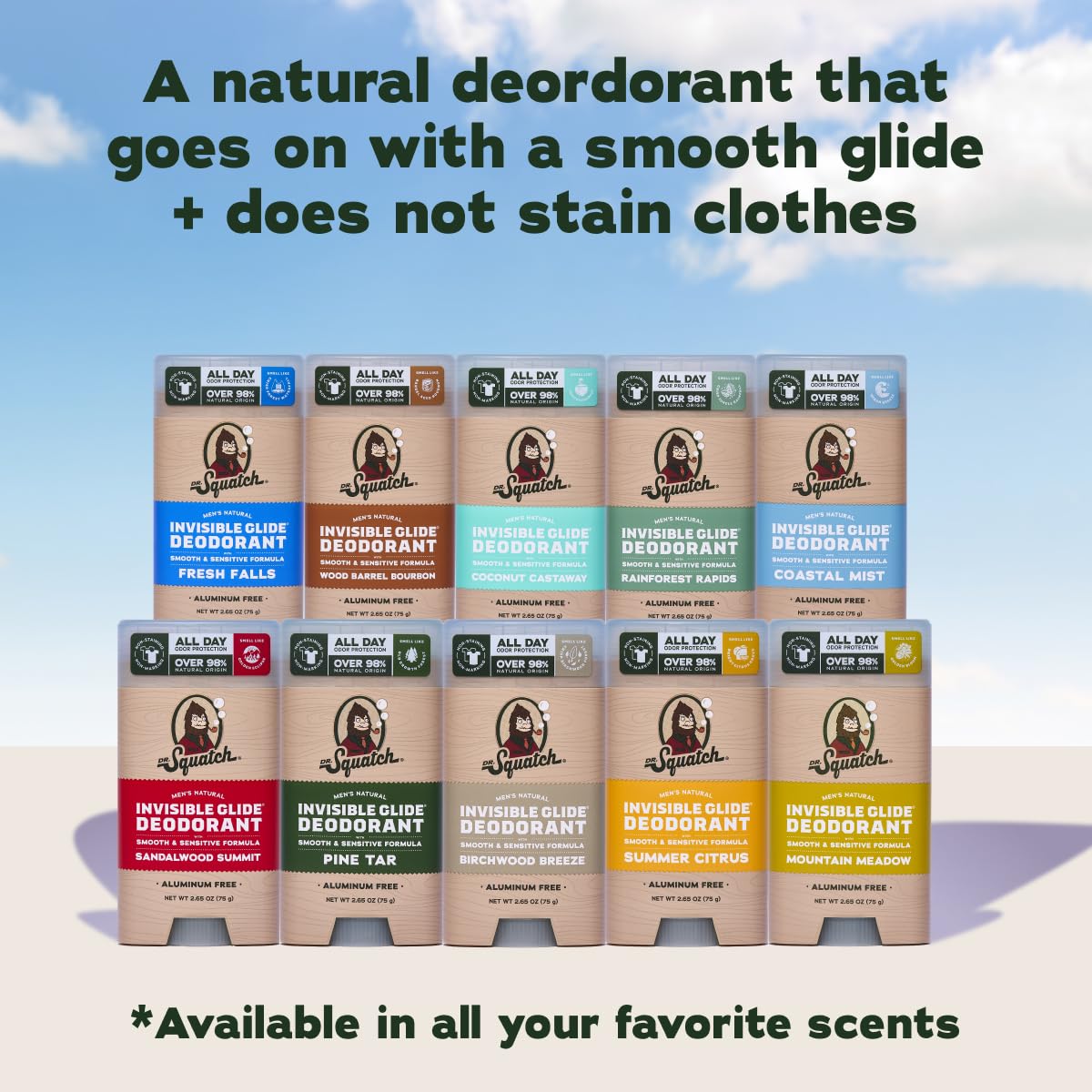 Dr. Squatch Invisible Glide Deodorant for Men – Aluminum-Free, No Stains – Fresh Falls + Wood Barrel Bourbon (2-Pack)