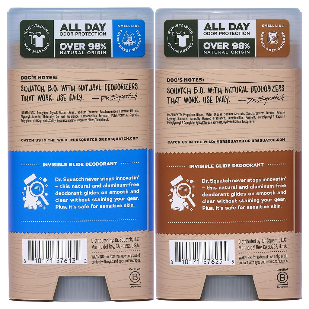 Dr. Squatch Invisible Glide Deodorant for Men – Aluminum-Free, No Stains – Fresh Falls + Wood Barrel Bourbon (2-Pack)