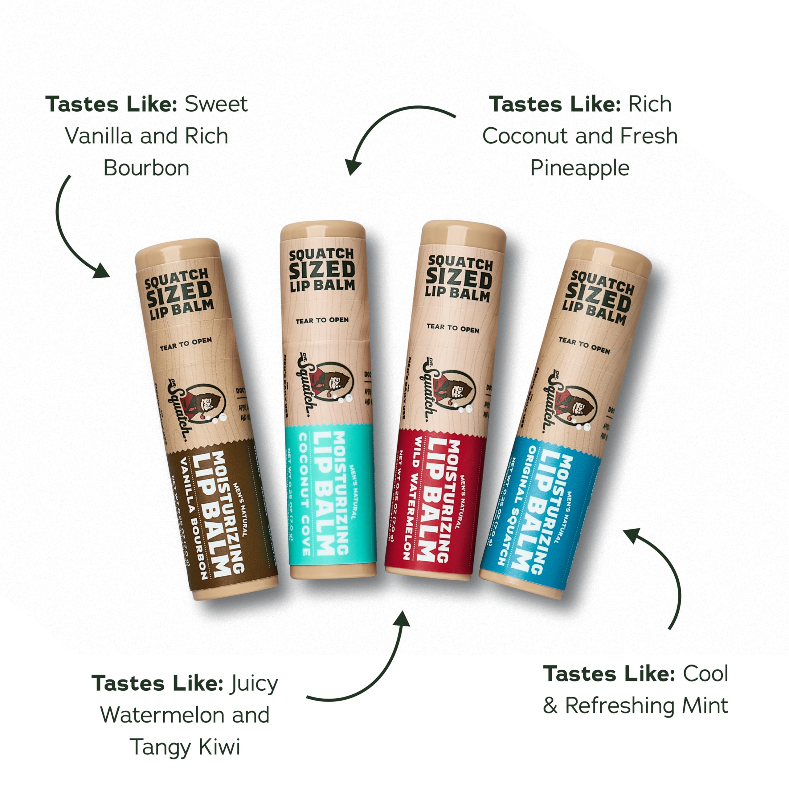 Dr. Squatch NEW Natural Lip Balm 4 Pack – 65% Larger, Matte Finish, Shea Butter & Vitamin E