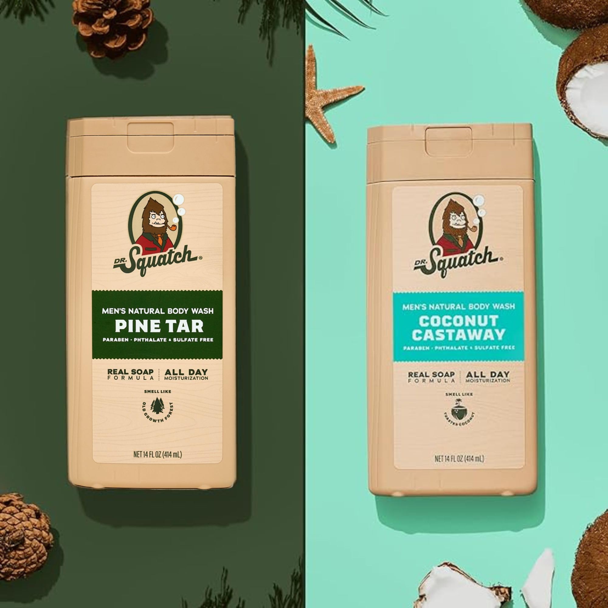 Dr. Squatch Pine Tar Coconut Castaway Body Wash for Men – 2-Pack, 14 oz