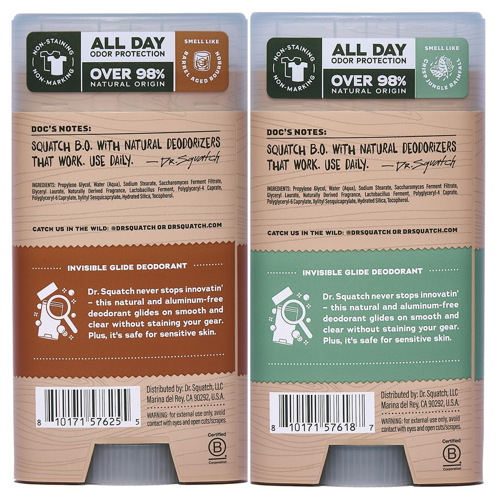 Dr. Squatch Invisible Glide Aluminum-Free Deodorant for Men – Wood Barrel Bourbon + Rainforest Rapids (2-Pack)