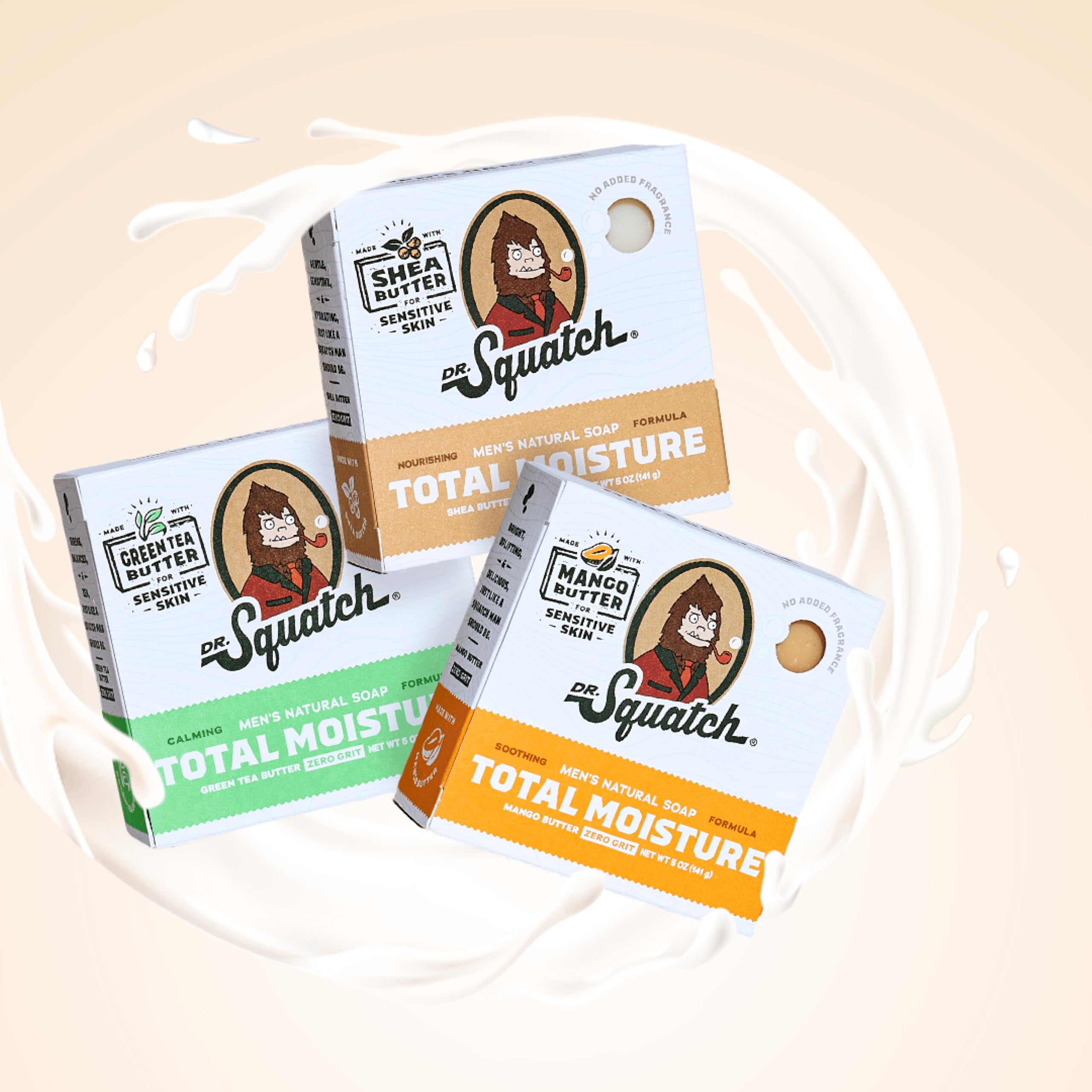 Dr. Squatch Total Moisture Bar Soap for Men – Fragrance-Free Mango Butter (5 oz, 3-pack)