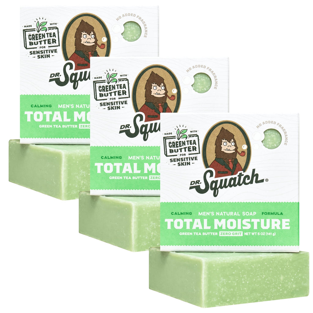 Dr. Squatch Total Moisture Bar Soap for Men – No Added Fragrance, Sensitive Skin Formula with Green Tea Butter (3-Pack, 5 oz each)
