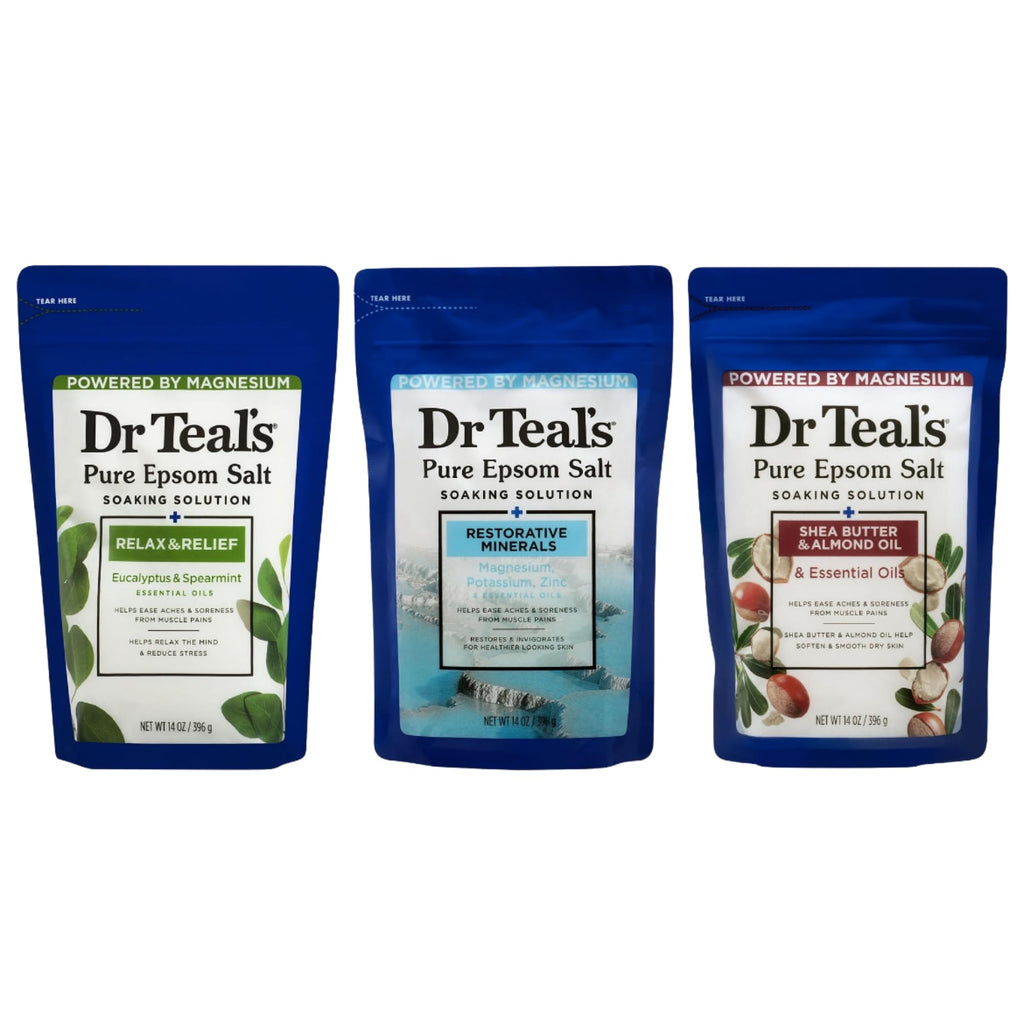 Dr Teal's Holiday Edition Pure Epsom Salt Gift Set, 3 Pack — Eucalyptus Spearmint, Restorative Minerals, Shea Butter & Almond Oil